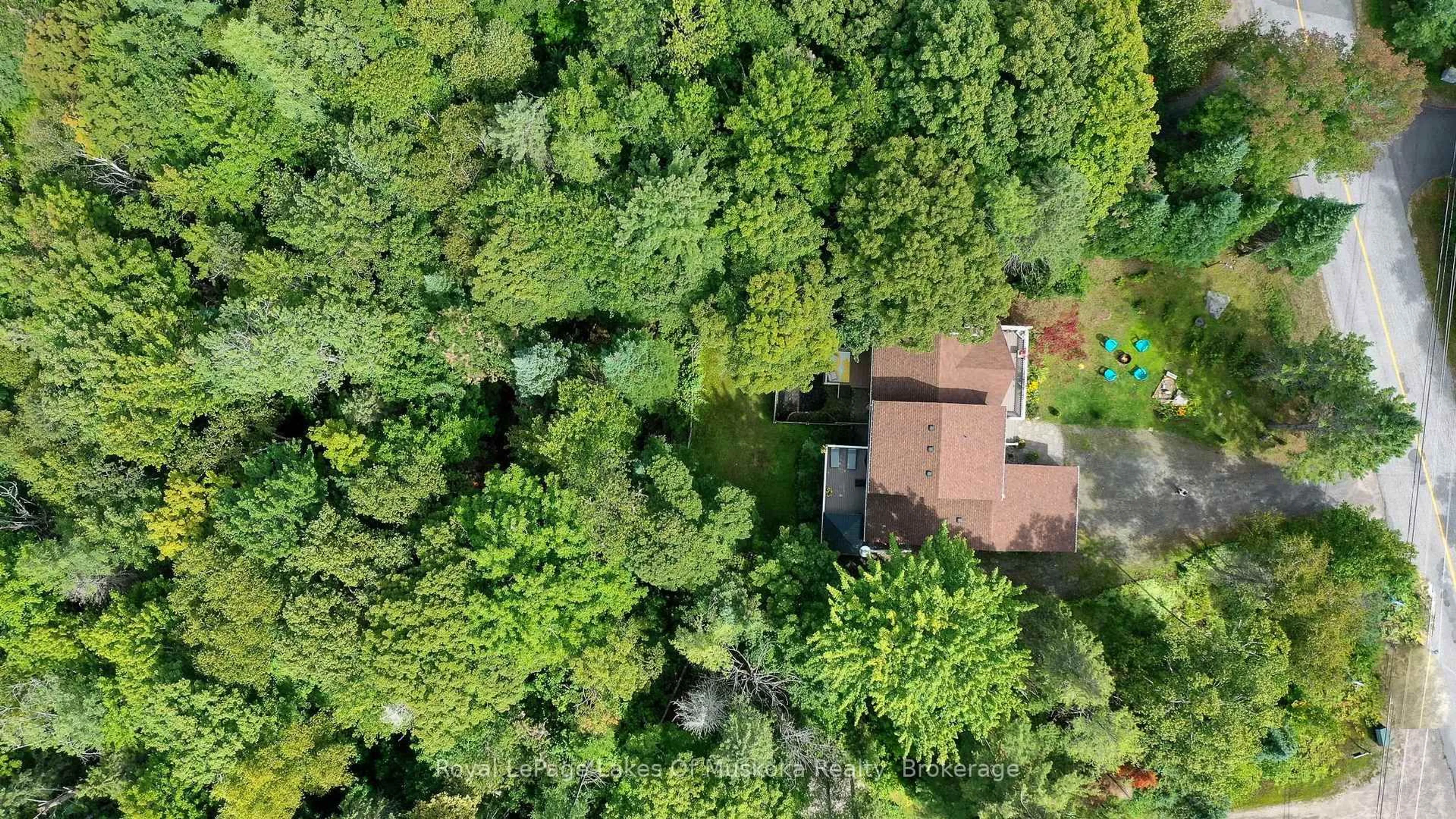 A pic from outside/outdoor area/front of a property/back of a property/a pic from drone, forest/trees view for 1588 Skyline Dr, Huntsville Ontario P1H 1A5