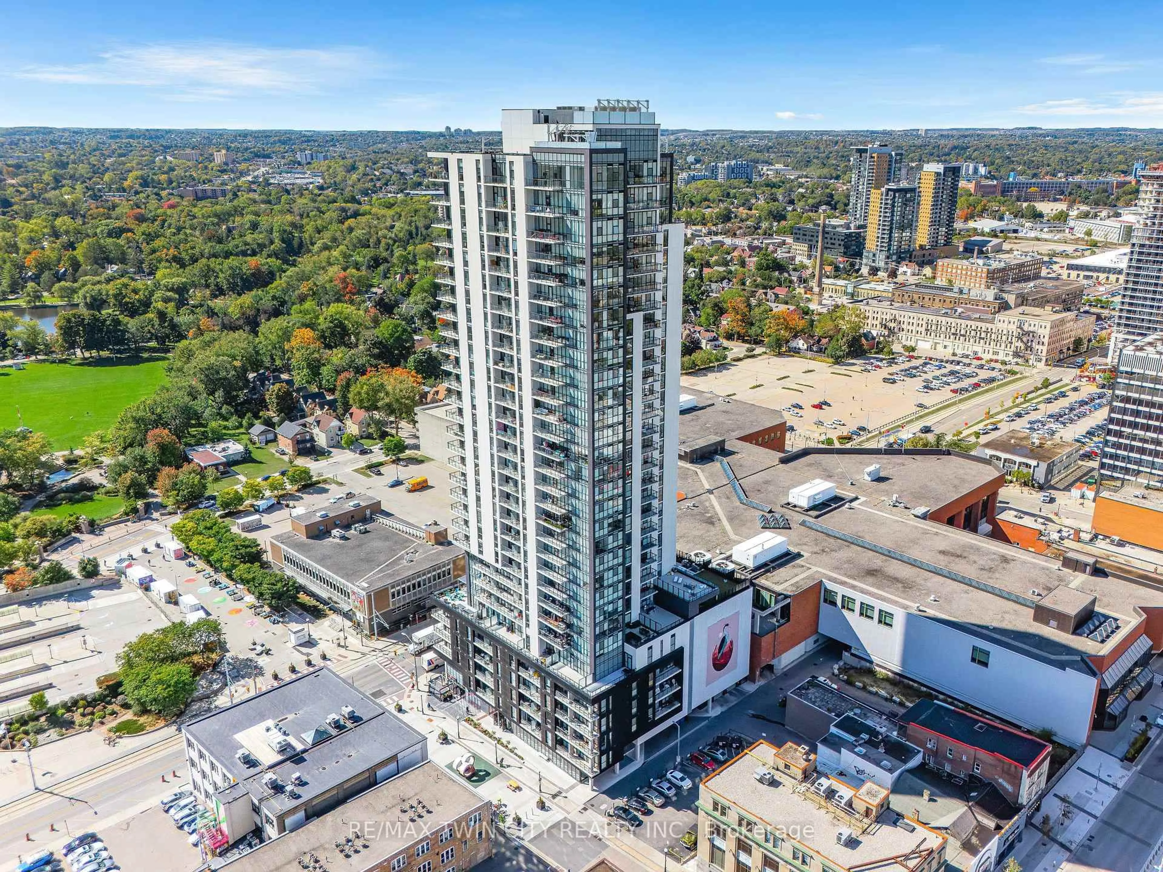A pic from outside/outdoor area/front of a property/back of a property/a pic from drone, city buildings view from balcony for 60 Charles St #2407, Kitchener Ontario N2G 0C9