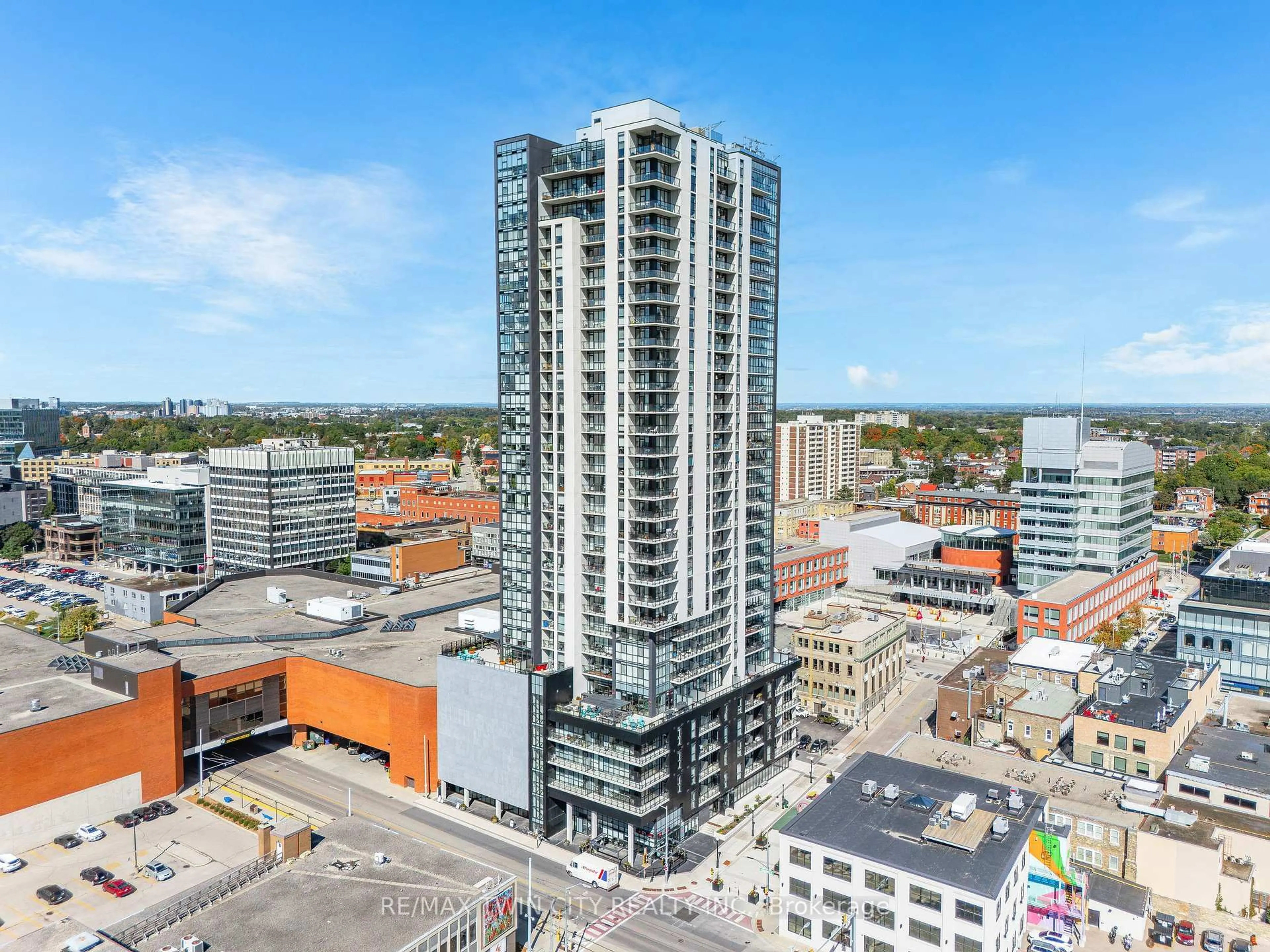 A pic from outside/outdoor area/front of a property/back of a property/a pic from drone, city buildings view from balcony for 60 Charles St #2407, Kitchener Ontario N2G 0C9
