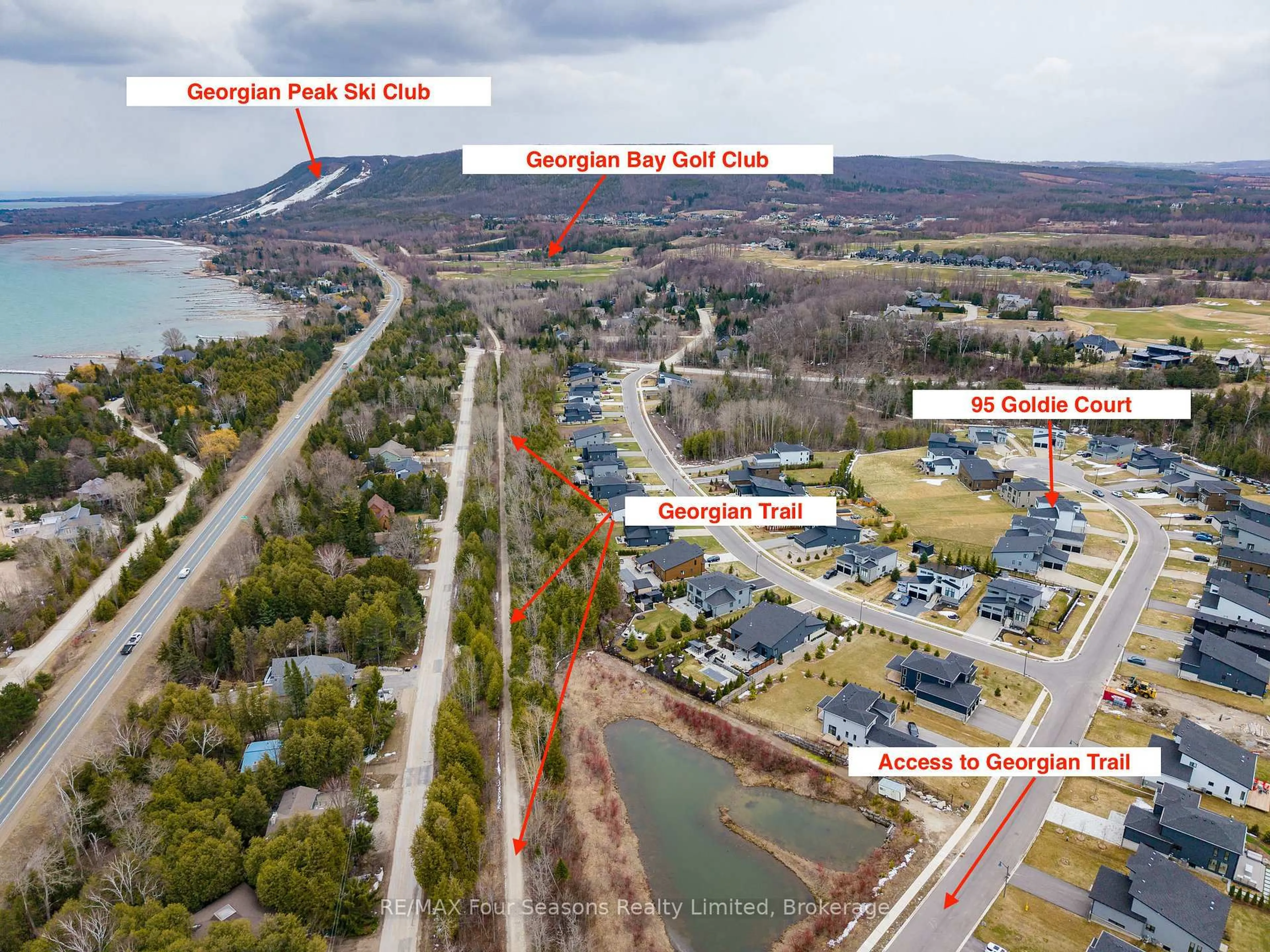 A pic from outside/outdoor area/front of a property/back of a property/a pic from drone, water/lake/river/ocean view for 95 Goldie Crt, Blue Mountains Ontario N0H 1J0