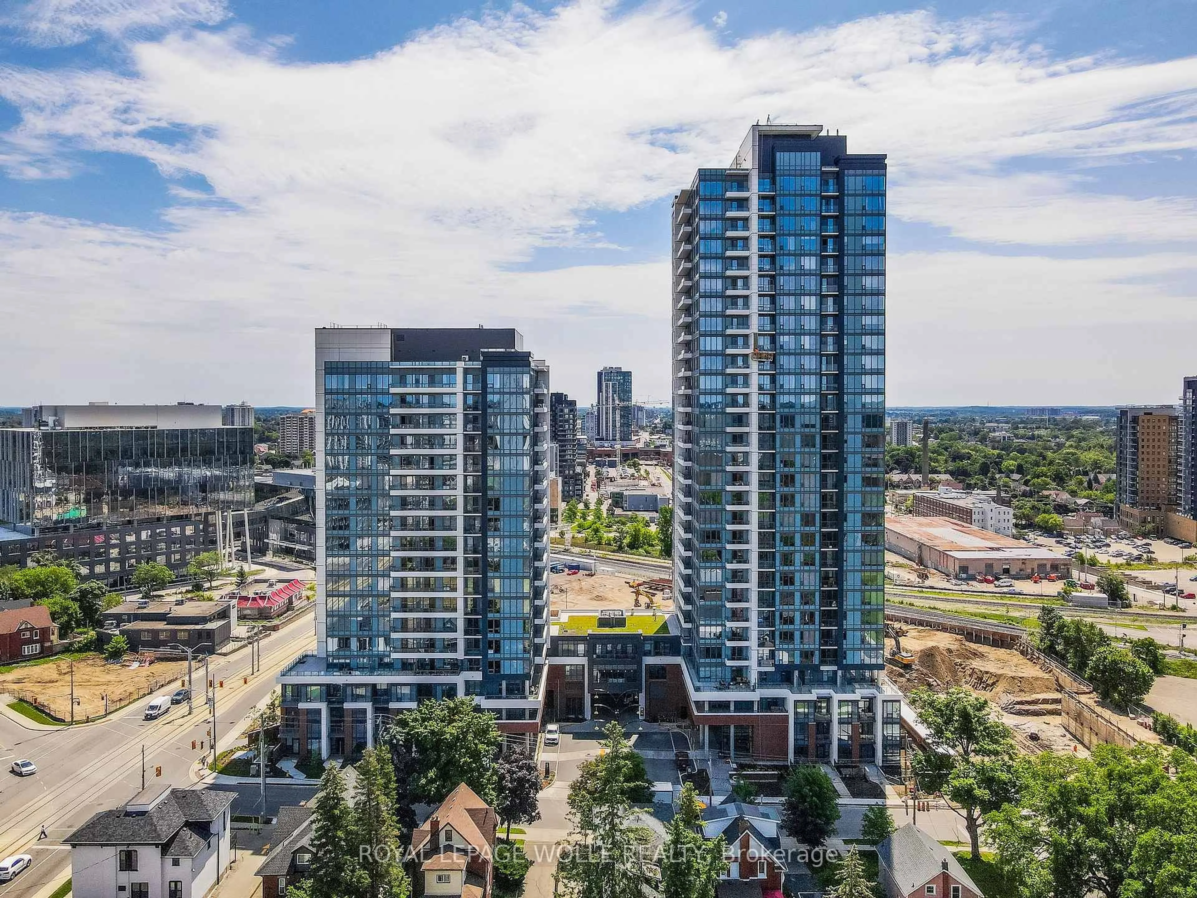 A pic from outside/outdoor area/front of a property/back of a property/a pic from drone, city buildings view from balcony for 15 Wellington St #907, Kitchener Ontario N2G 0E4