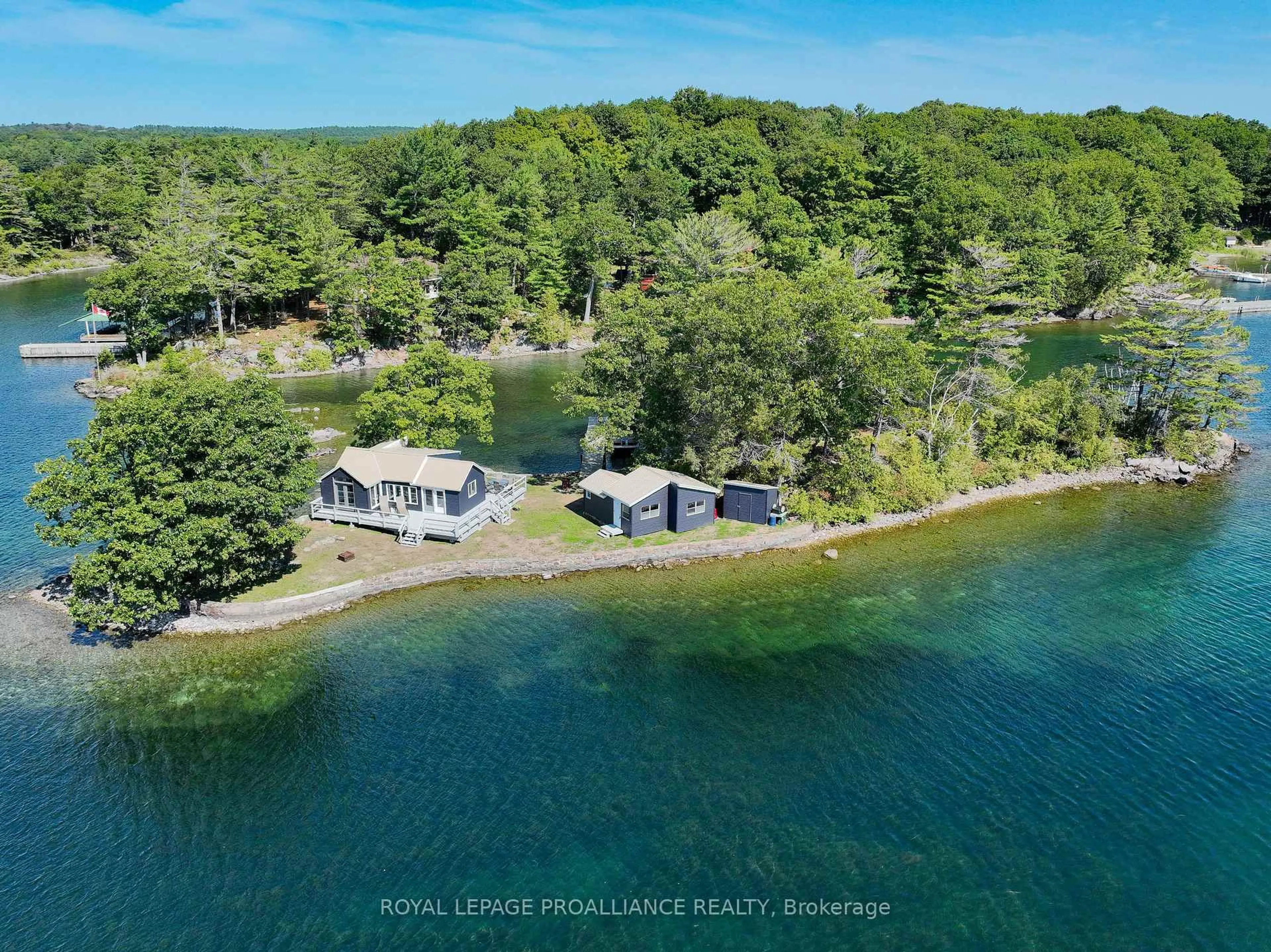 A pic from outside/outdoor area/front of a property/back of a property/a pic from drone, water/lake/river/ocean view for 1 Black Cat Island, Lansdowne Ontario K0E 1L0