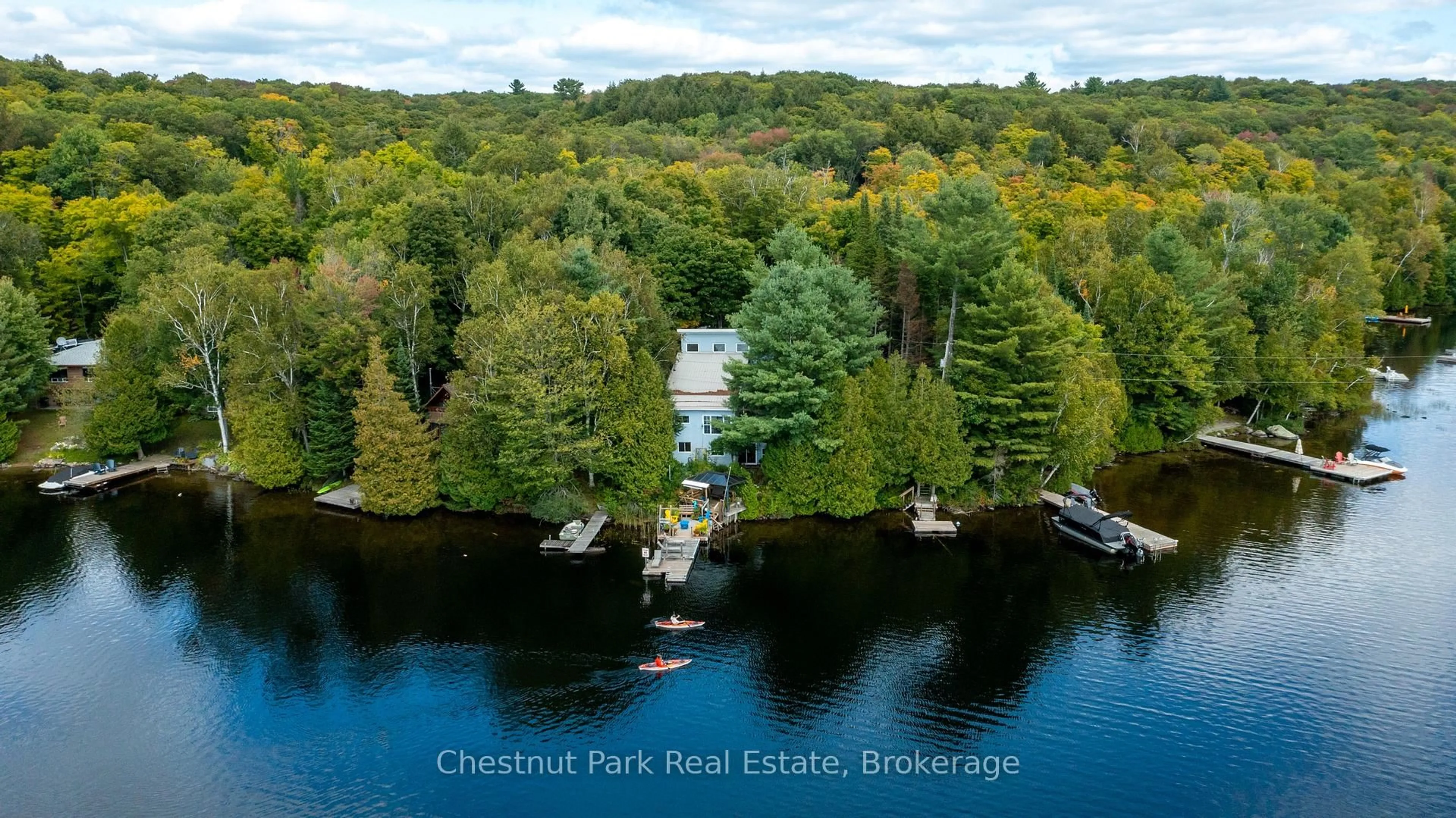 A pic from outside/outdoor area/front of a property/back of a property/a pic from drone, water/lake/river/ocean view for 501 North Bay Lake Rd, Perry Ontario P0A 1J0