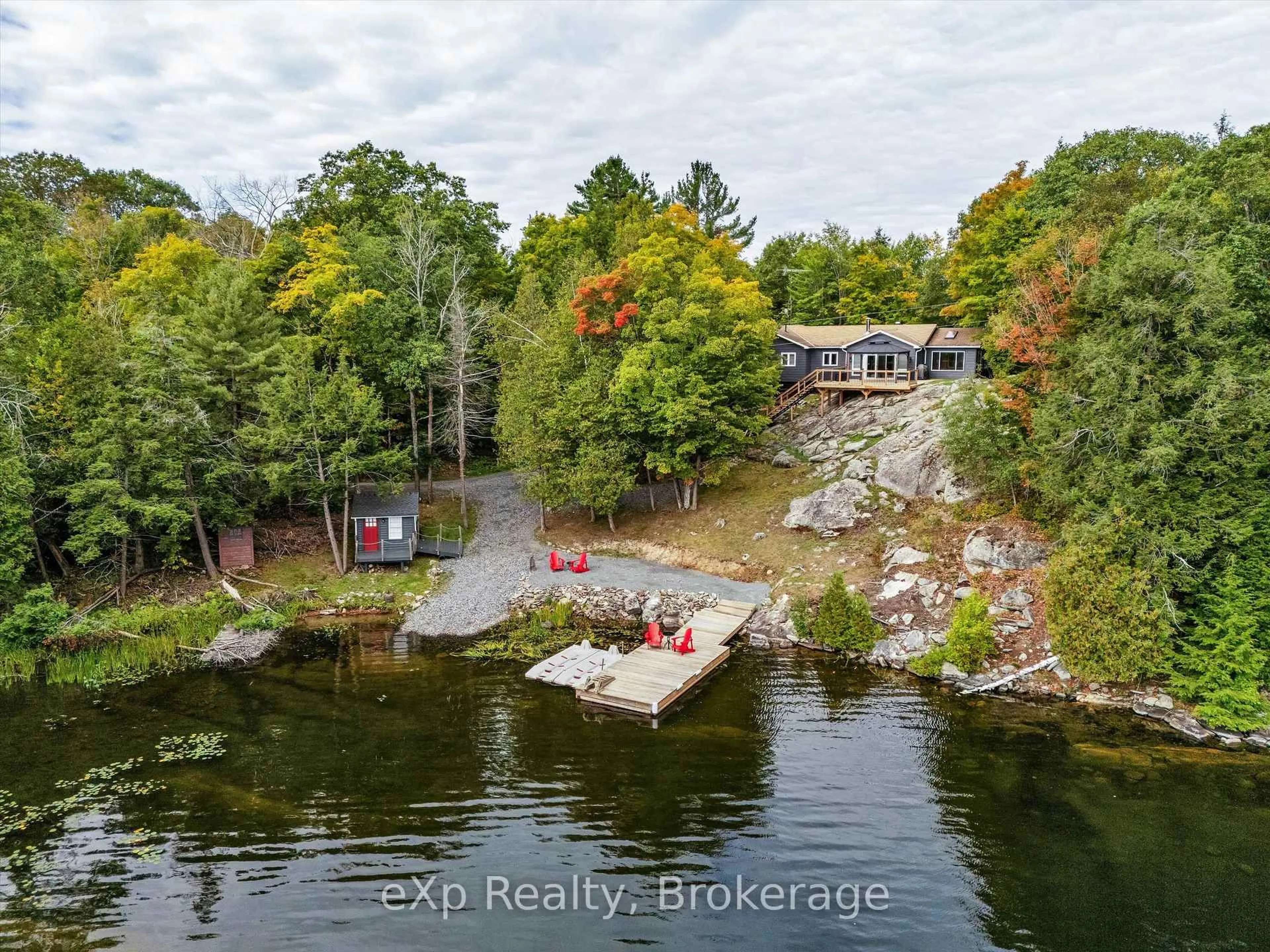 A pic from outside/outdoor area/front of a property/back of a property/a pic from drone, water/lake/river/ocean view for 91 Tolpts Rd, The Archipelago Ontario P2A 0B7