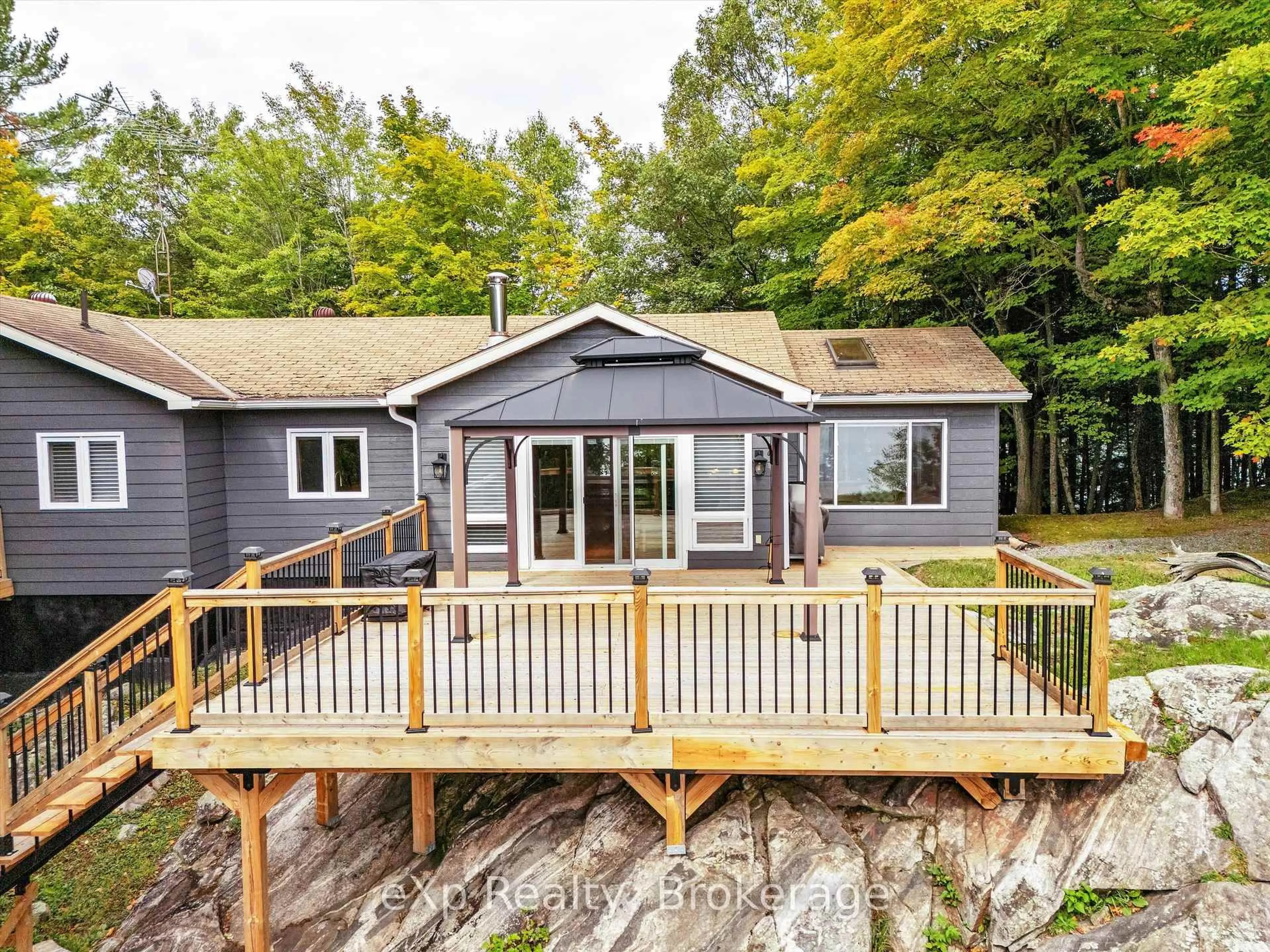 A pic from outside/outdoor area/front of a property/back of a property/a pic from drone, water/lake/river/ocean view for 91 Tolpts Rd, The Archipelago Ontario P2A 0B7