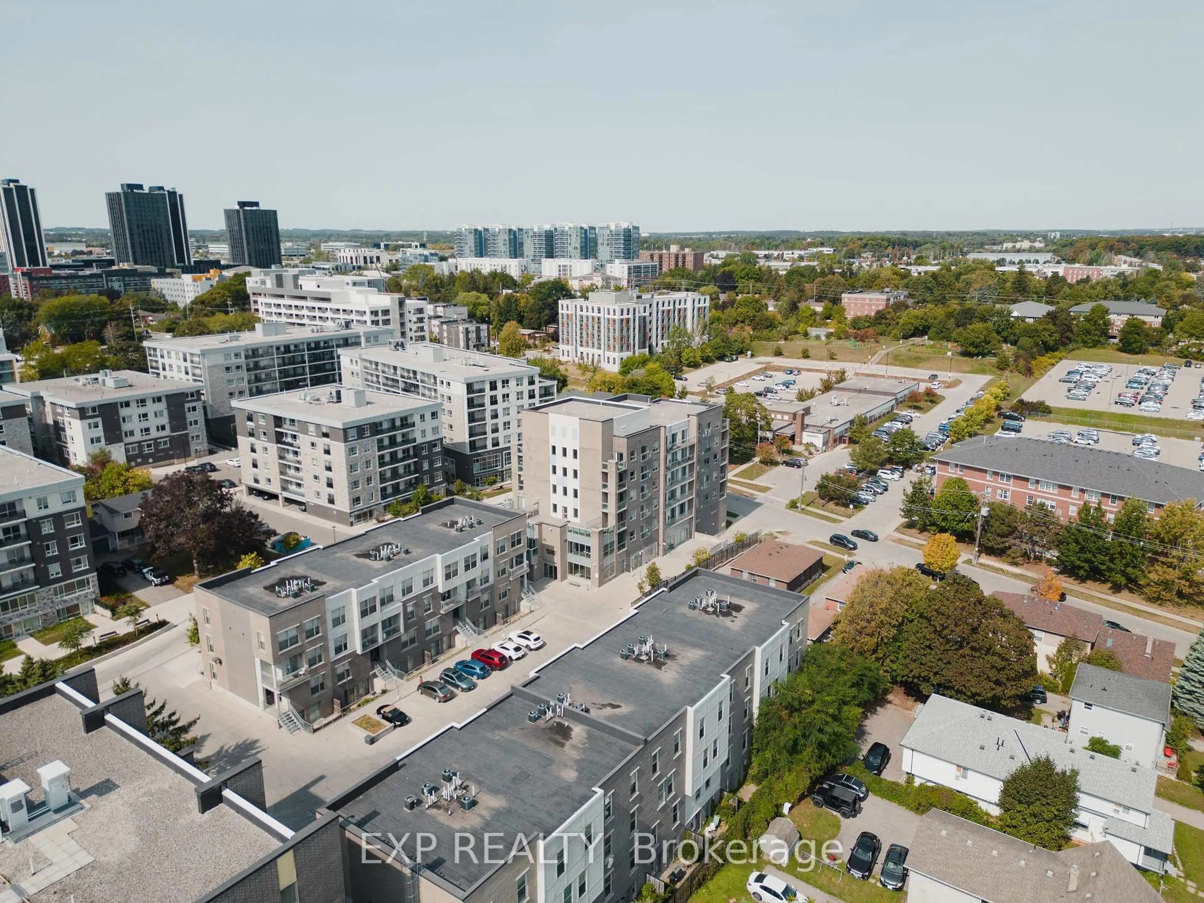 A pic from outside/outdoor area/front of a property/back of a property/a pic from drone, city buildings view from balcony for 62 Balsam St #H302, Waterloo Ontario N2L 3H2