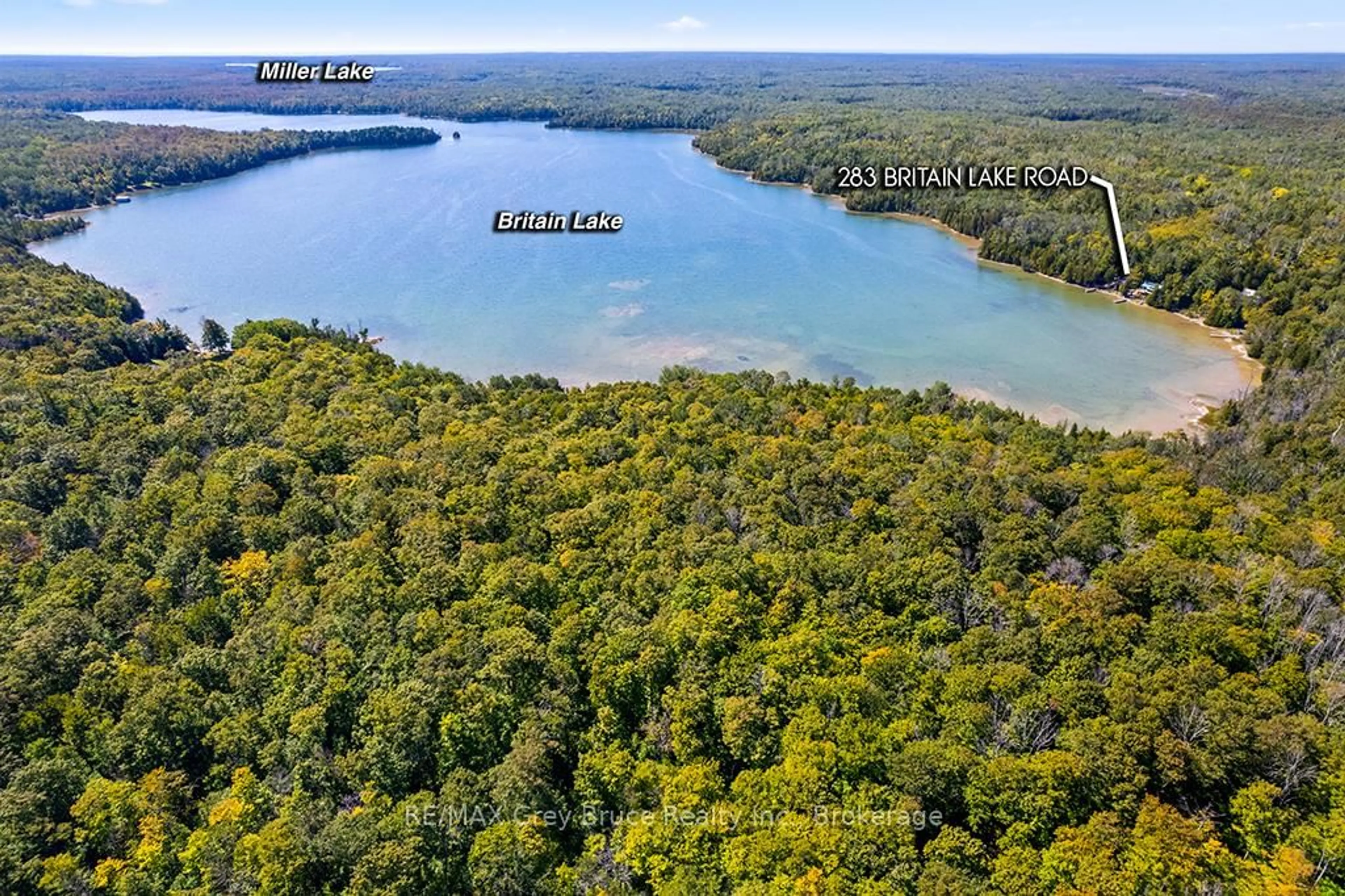 A pic from outside/outdoor area/front of a property/back of a property/a pic from drone, water/lake/river/ocean view for 283 Britain Lake Rd, Northern Bruce Peninsula Ontario N0H 1Z0