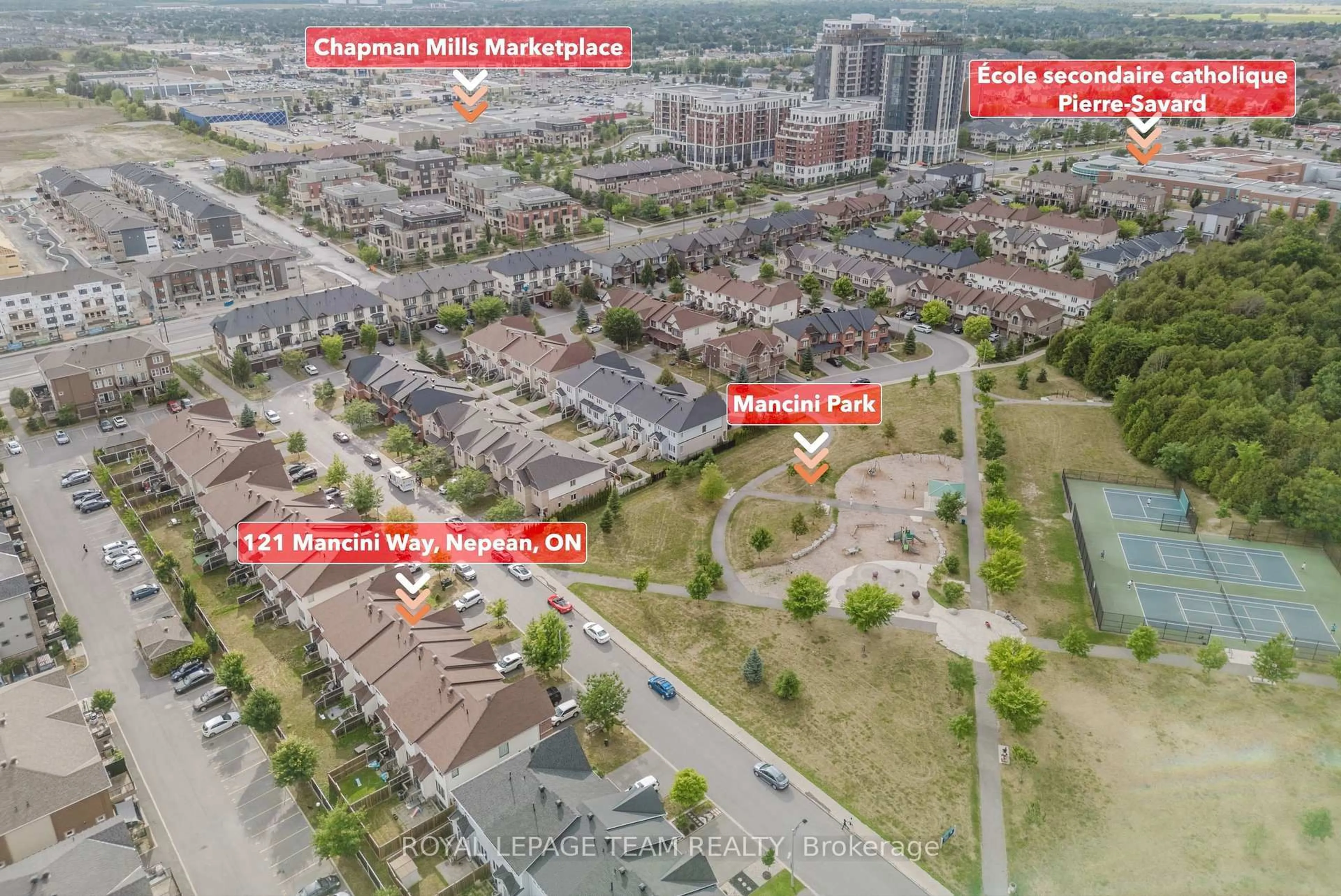 A pic from outside/outdoor area/front of a property/back of a property/a pic from drone, street for 121 Mancini Way, Ottawa Ontario K2J 5X3
