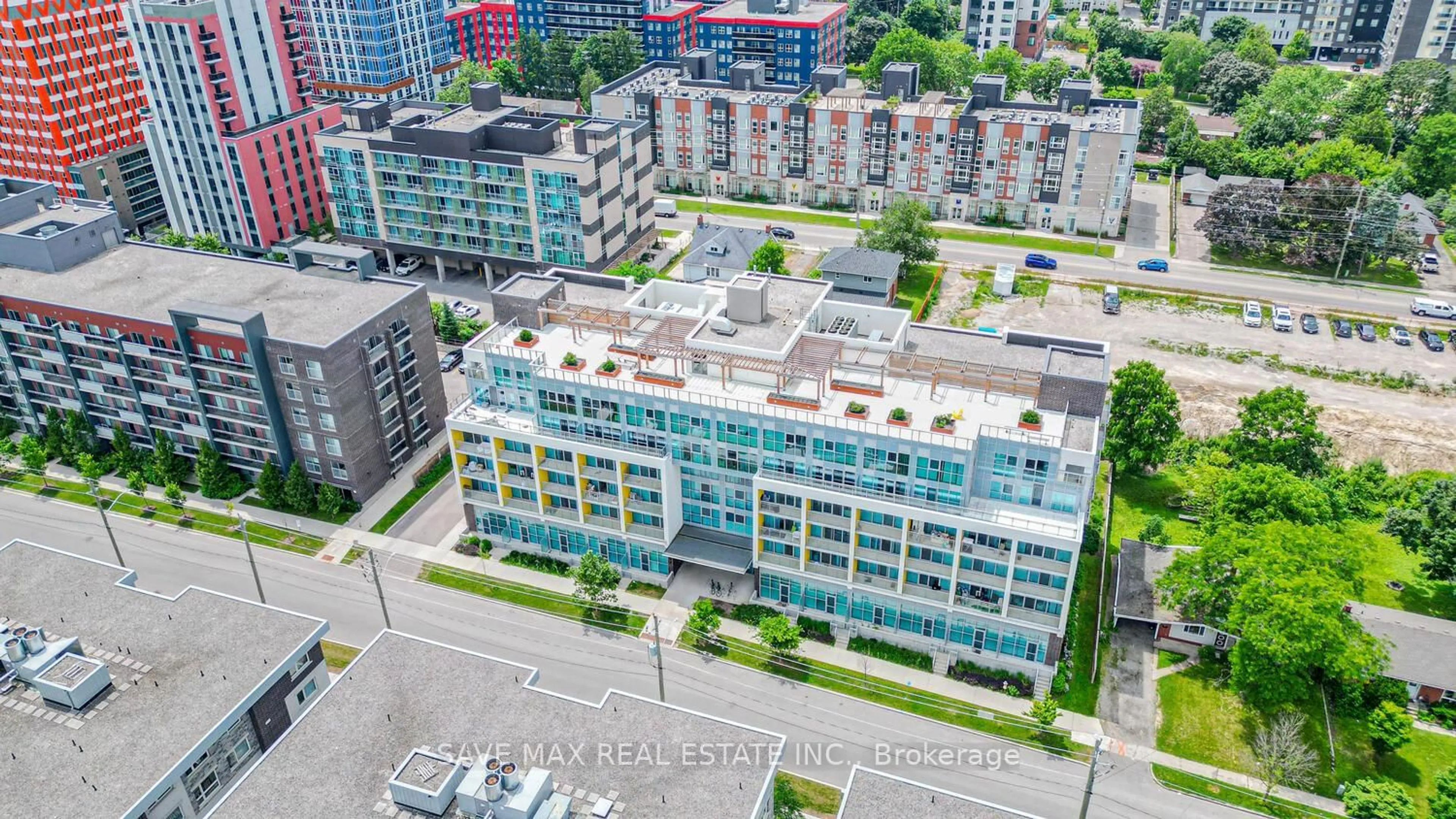 A pic from outside/outdoor area/front of a property/back of a property/a pic from drone, city buildings view from balcony for 257 Hemlock St #405, Waterloo Ontario N2L 0K2