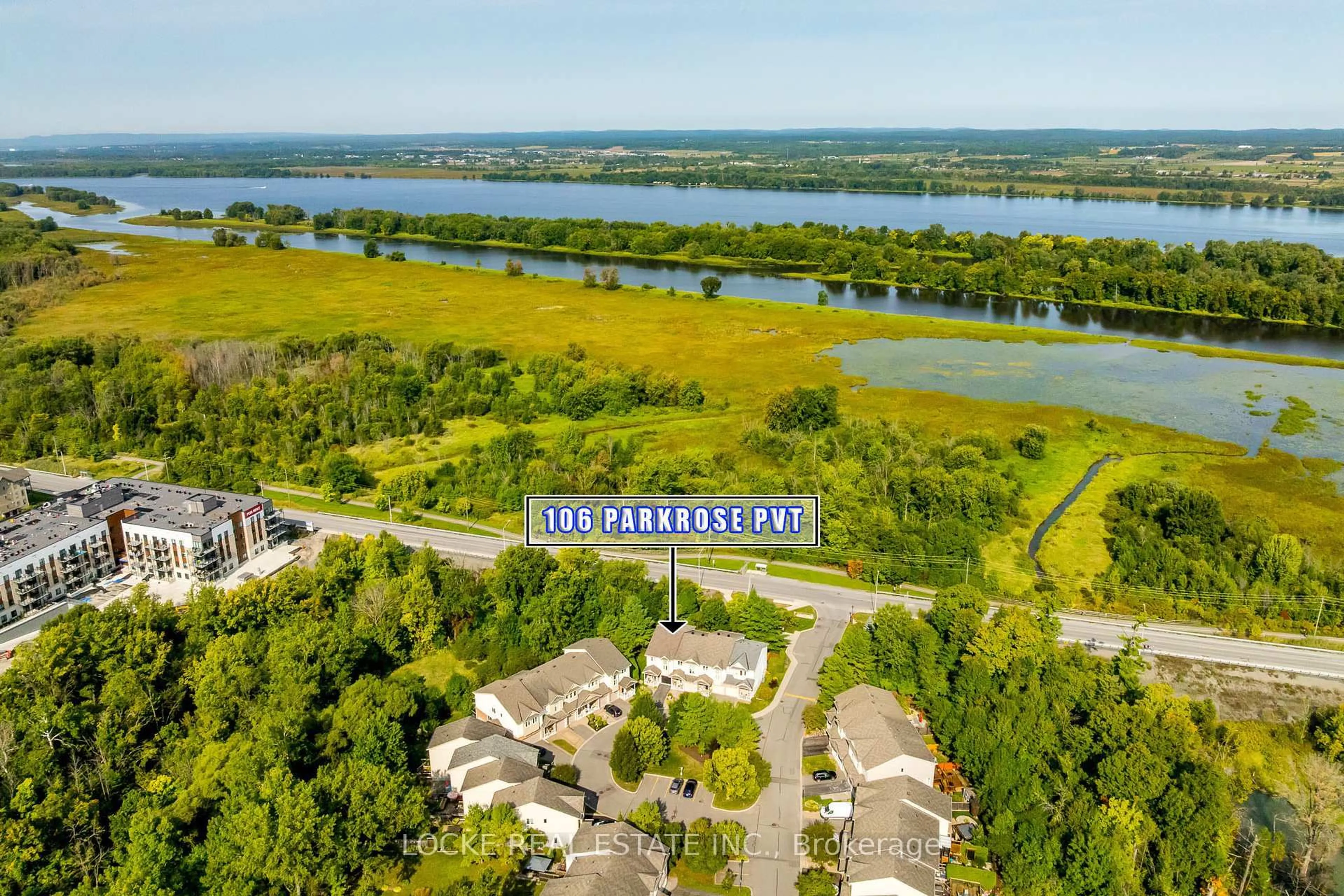A pic from outside/outdoor area/front of a property/back of a property/a pic from drone, water/lake/river/ocean view for 106 Parkrose Private, Ottawa Ontario K4A 0N8