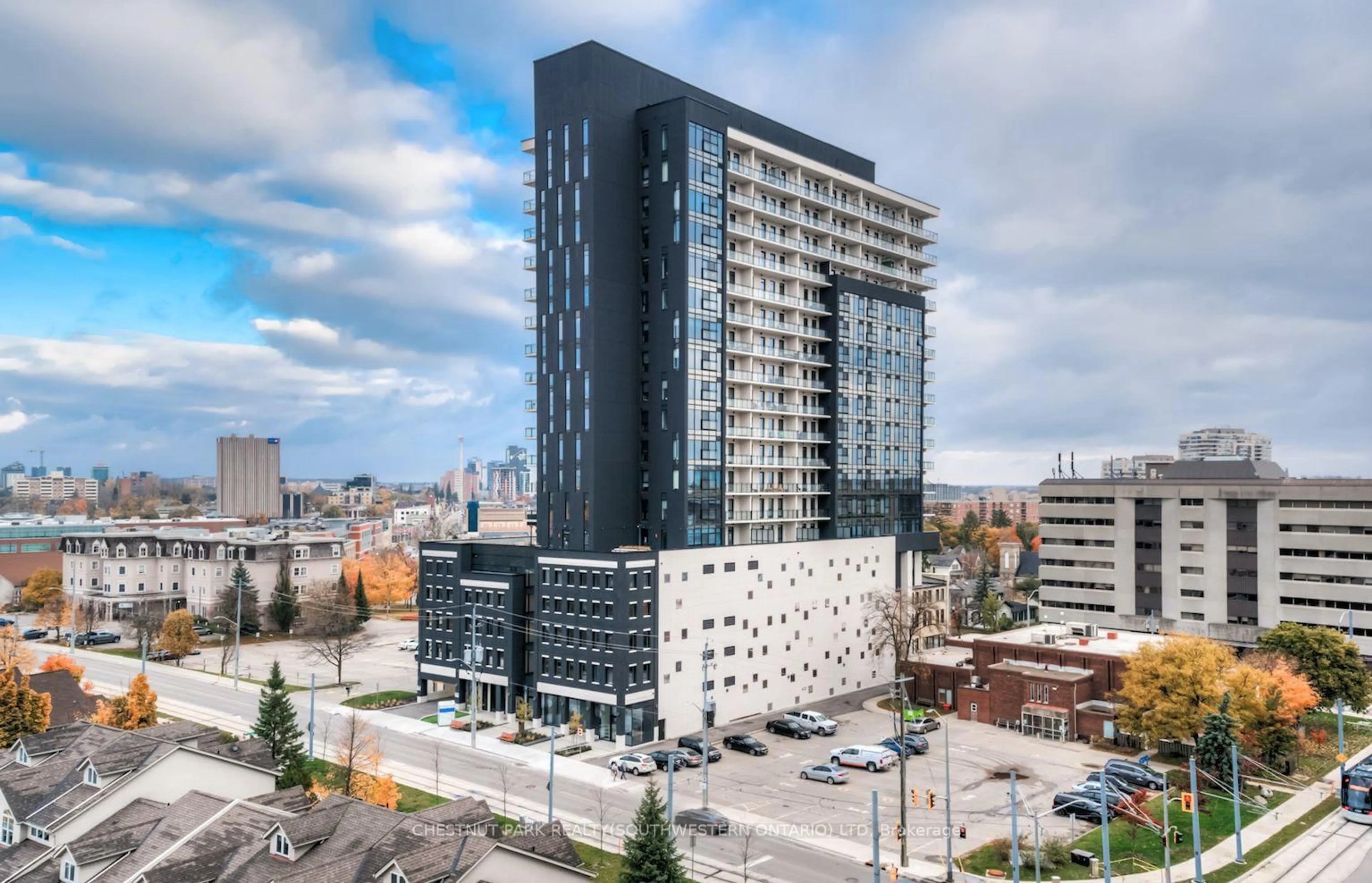 A pic from outside/outdoor area/front of a property/back of a property/a pic from drone, city buildings view from balcony for 181 King St #1811, Waterloo Ontario N2J 0E7