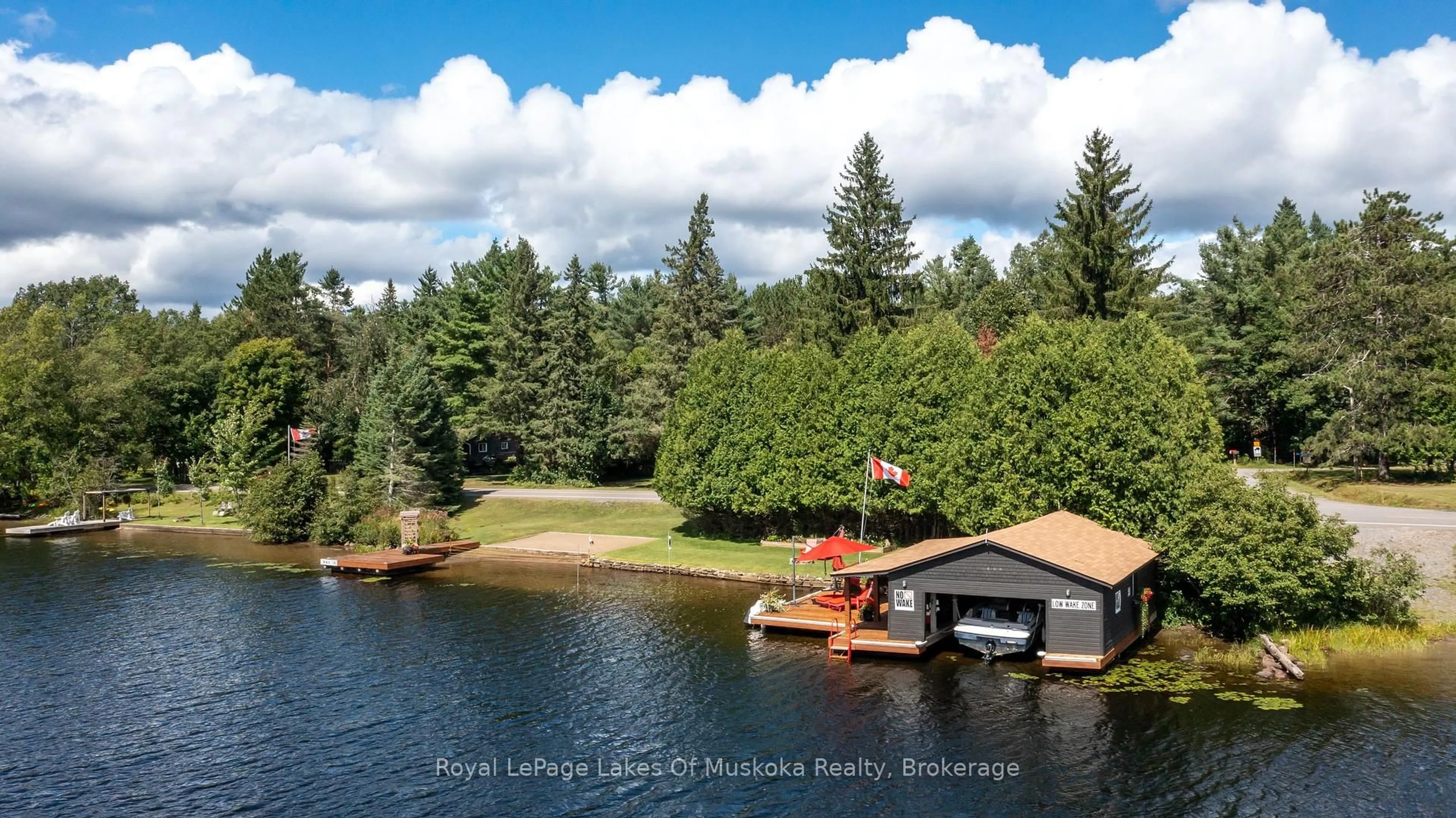 A pic from outside/outdoor area/front of a property/back of a property/a pic from drone, water/lake/river/ocean view for 2 Leslie Dr, Bracebridge Ontario P1L 1W8