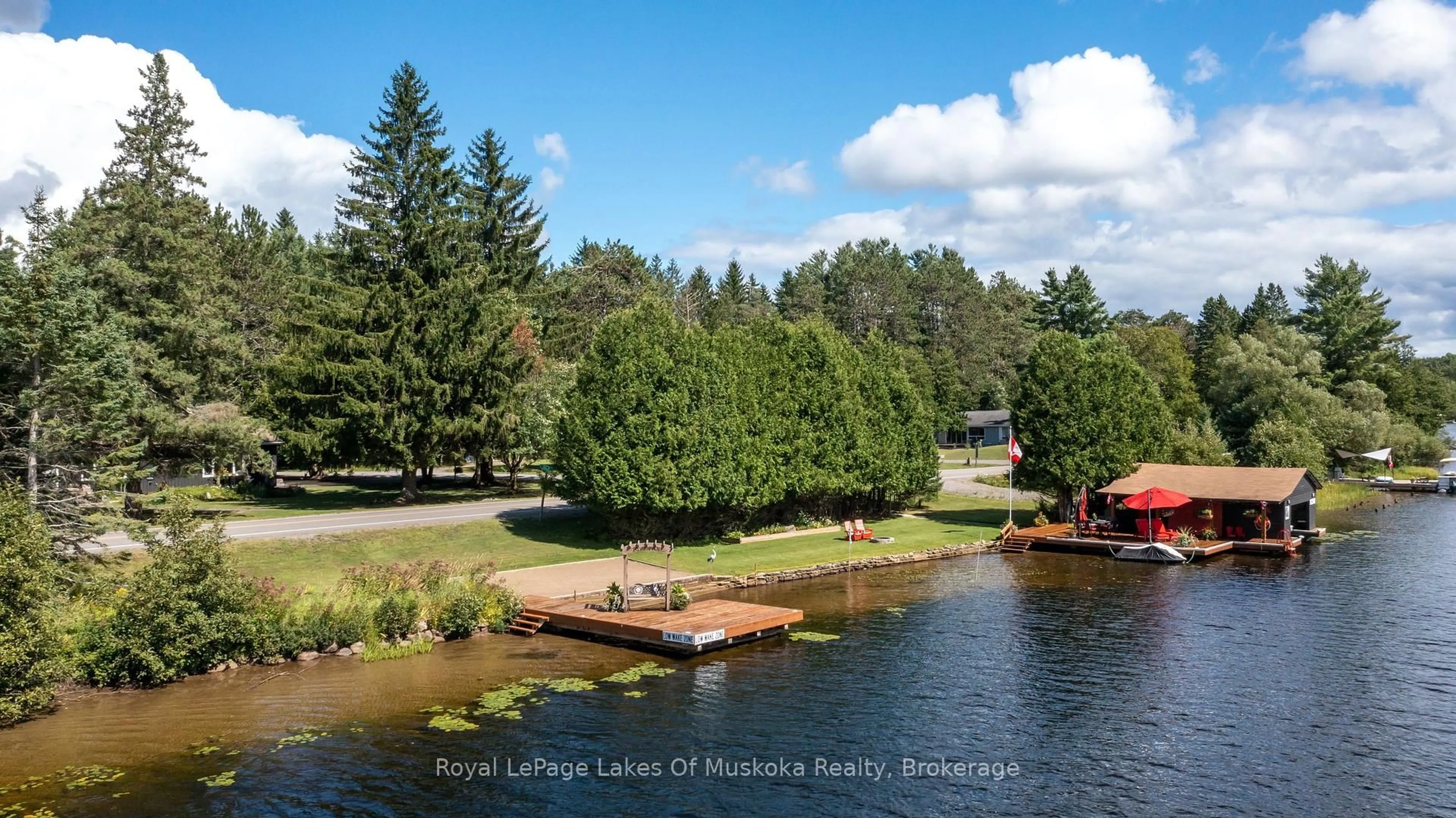 A pic from outside/outdoor area/front of a property/back of a property/a pic from drone, water/lake/river/ocean view for 2 Leslie Dr, Bracebridge Ontario P1L 1W8