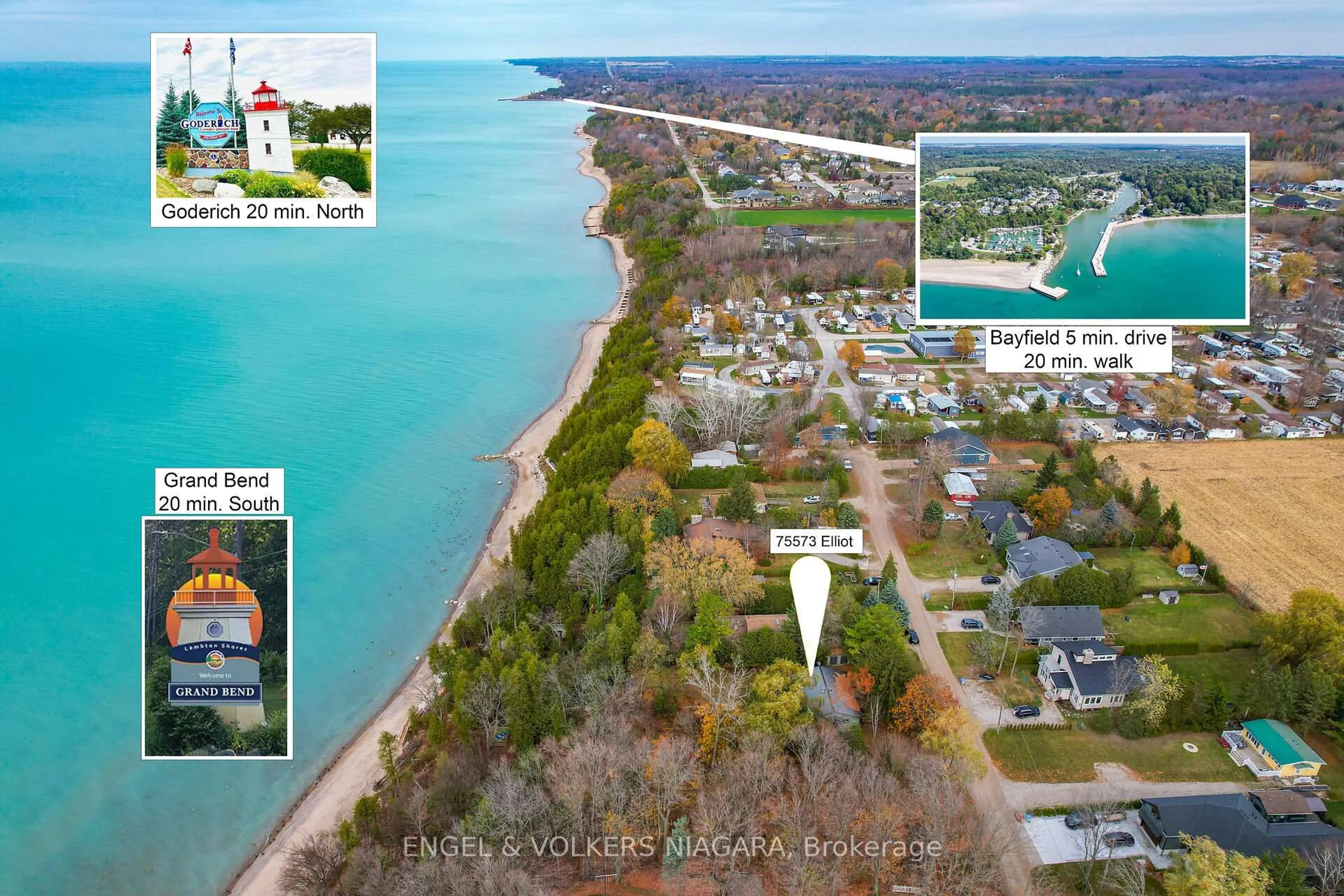 A pic from outside/outdoor area/front of a property/back of a property/a pic from drone, water/lake/river/ocean view for 75573 Elliott St, Bluewater Ontario N0M 1G0