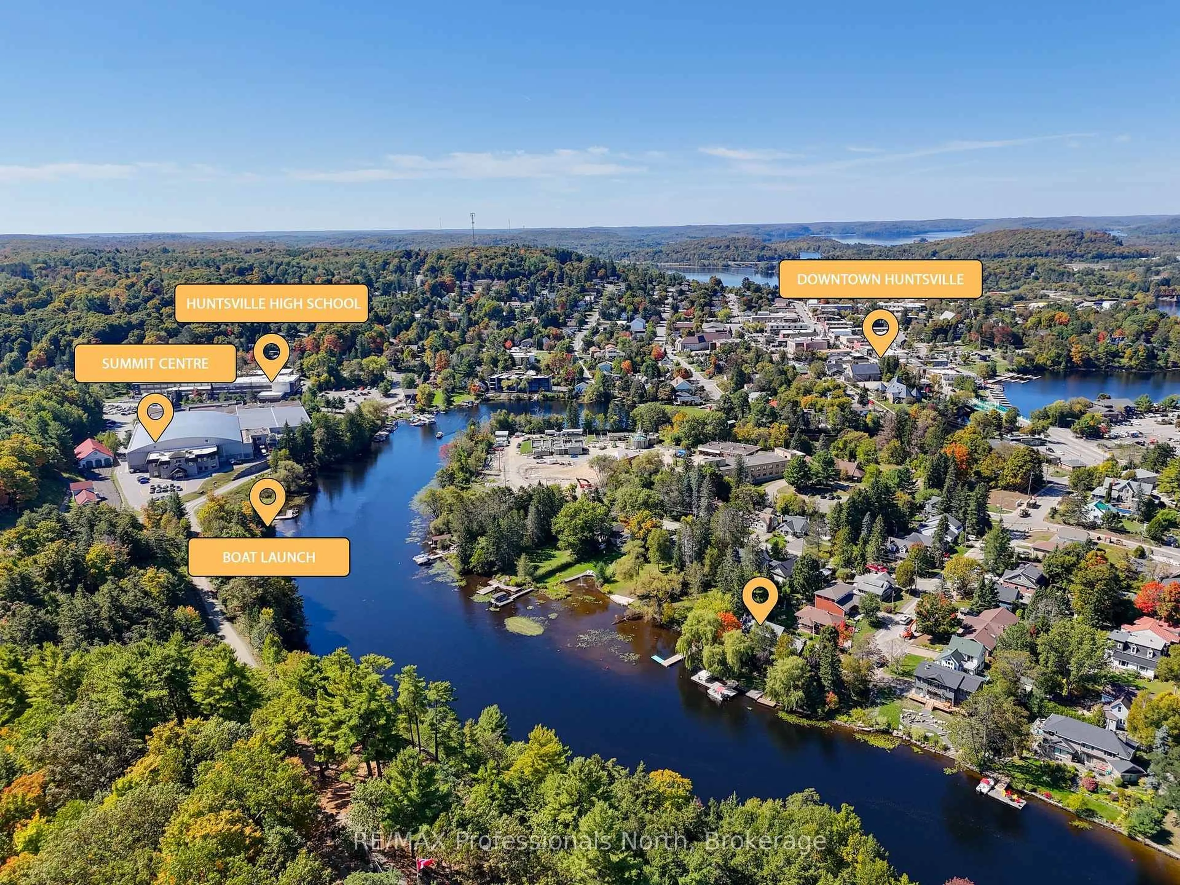 A pic from outside/outdoor area/front of a property/back of a property/a pic from drone, water/lake/river/ocean view for 35 Church St, Huntsville Ontario P1H 1G8