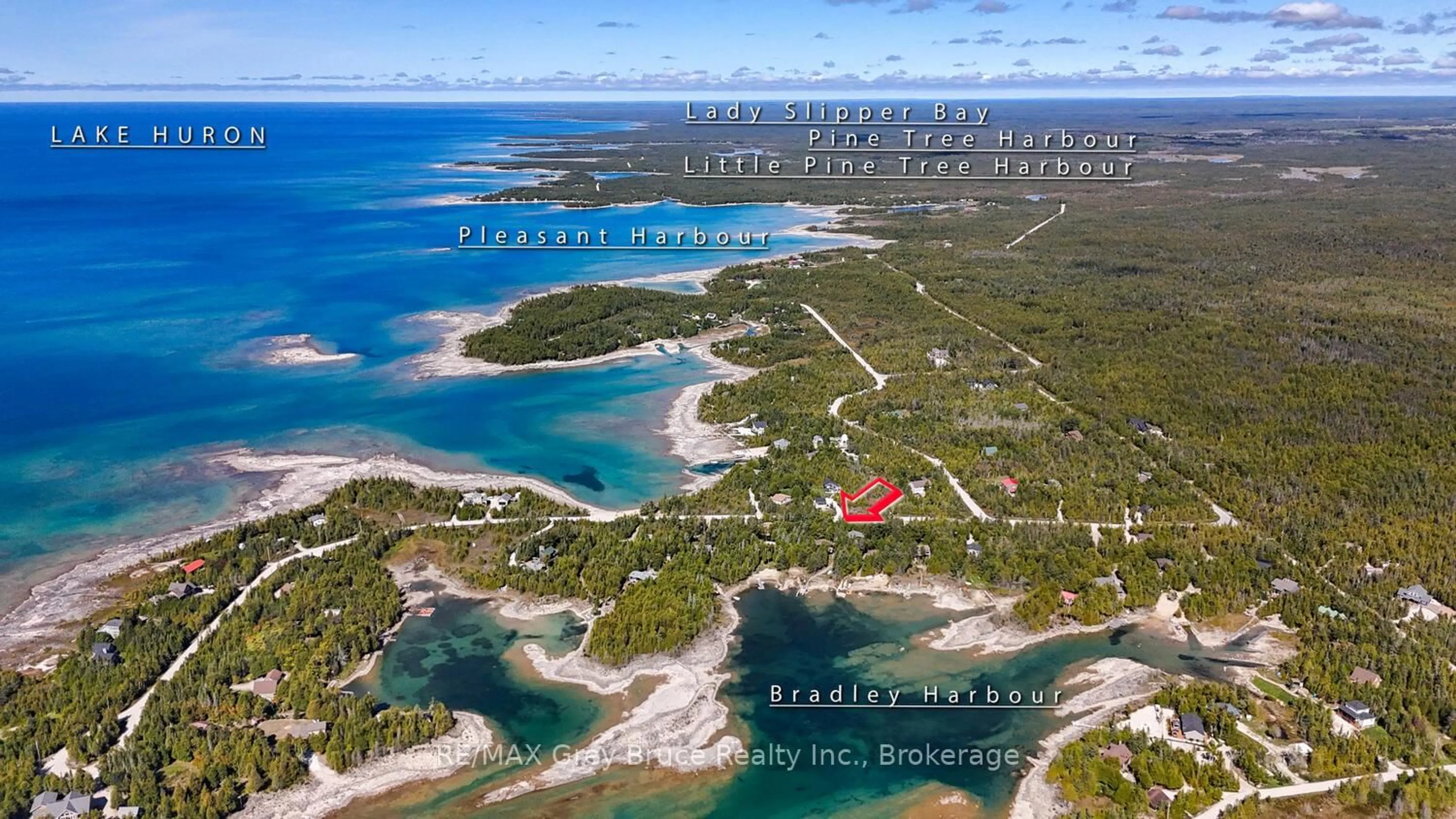 A pic from outside/outdoor area/front of a property/back of a property/a pic from drone, water/lake/river/ocean view for 27 Silverside Point Dr, Northern Bruce Peninsula Ontario N0H 1Z0