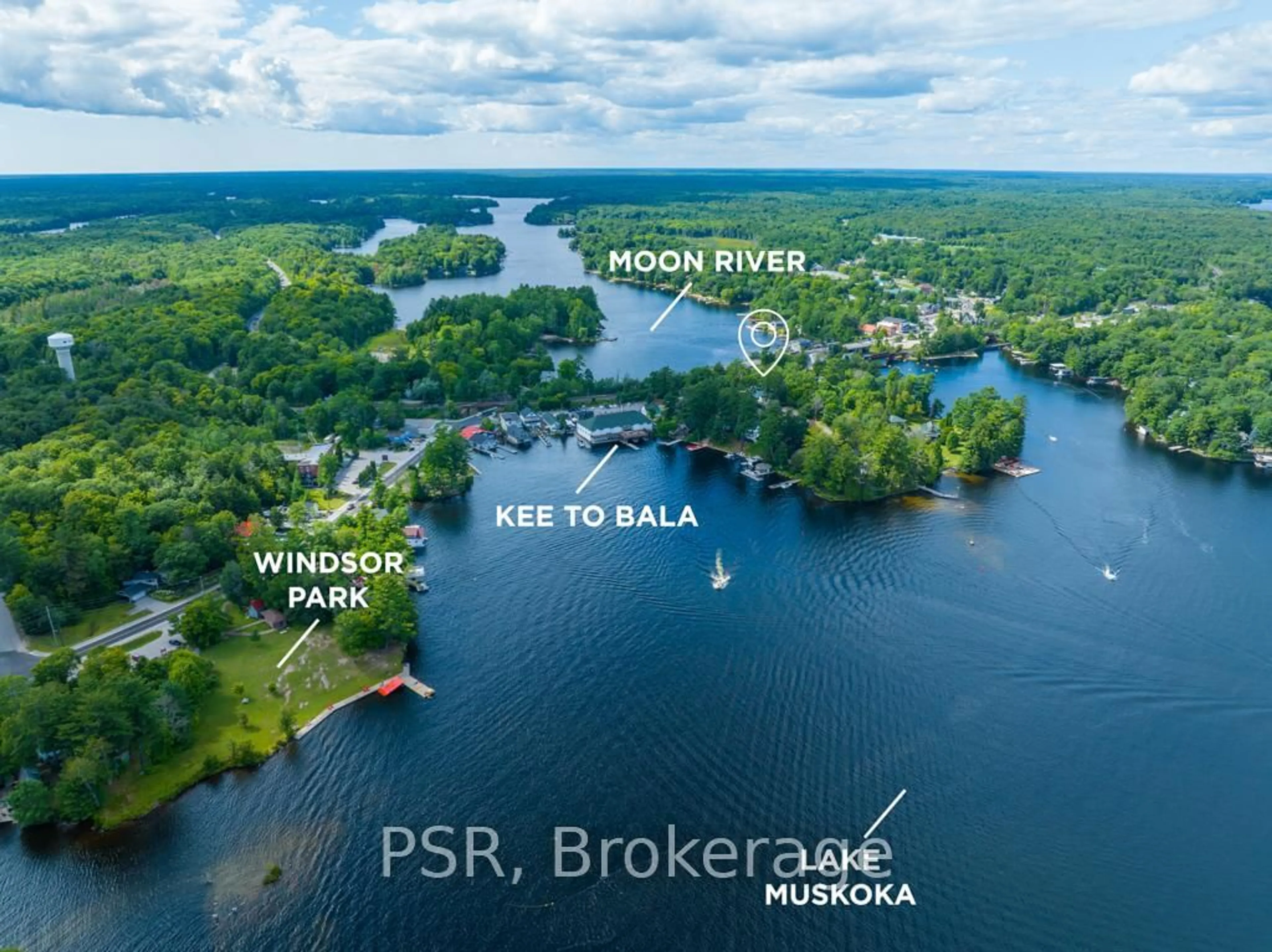 A pic from outside/outdoor area/front of a property/back of a property/a pic from drone, water/lake/river/ocean view for 1020 Bala Falls Rd, Muskoka Lakes Ontario P0C 1A0