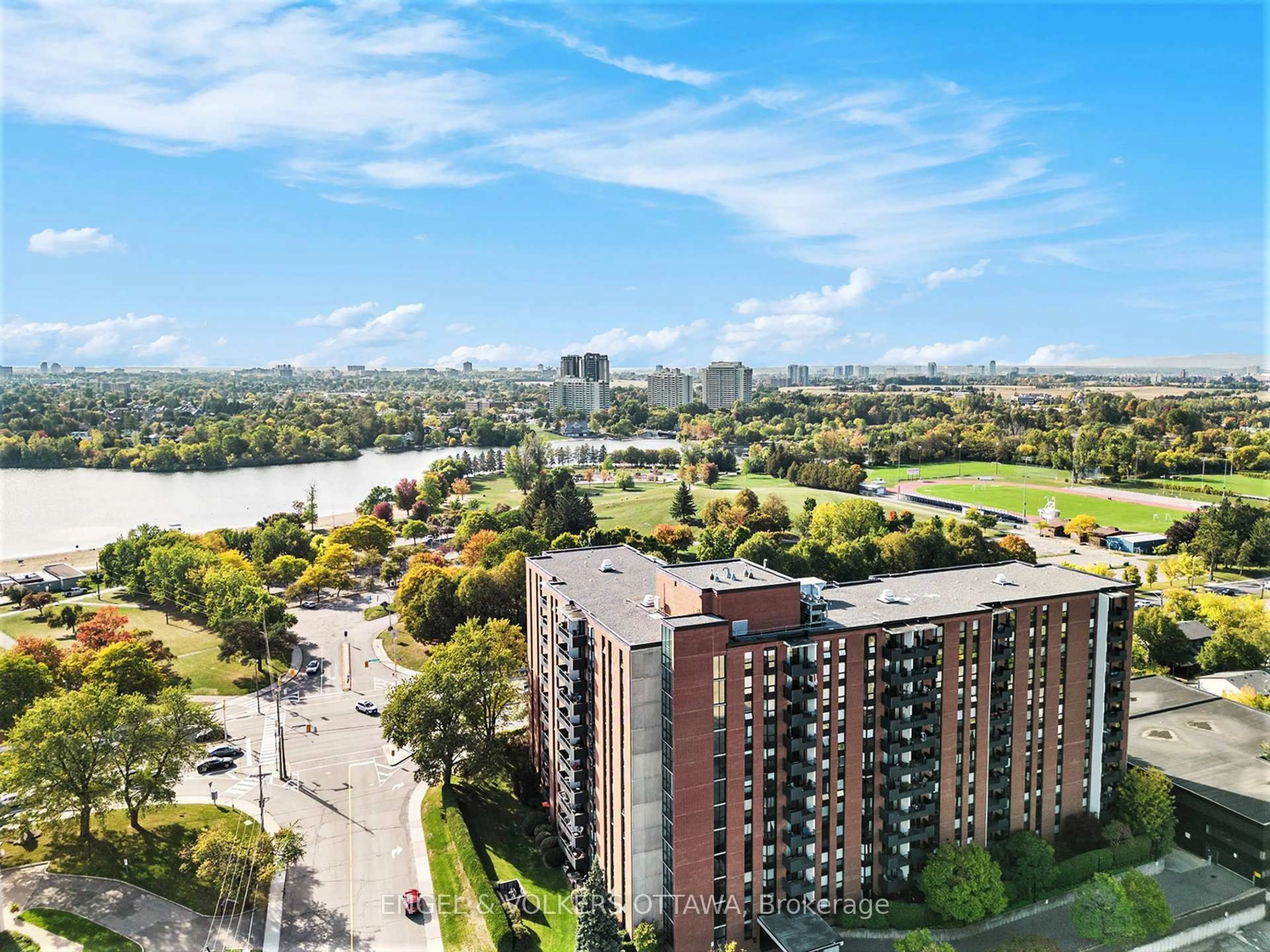 A pic from outside/outdoor area/front of a property/back of a property/a pic from drone, city buildings view from balcony for 2951 Riverside Dr #1110, Ottawa Ontario K1V 8W6