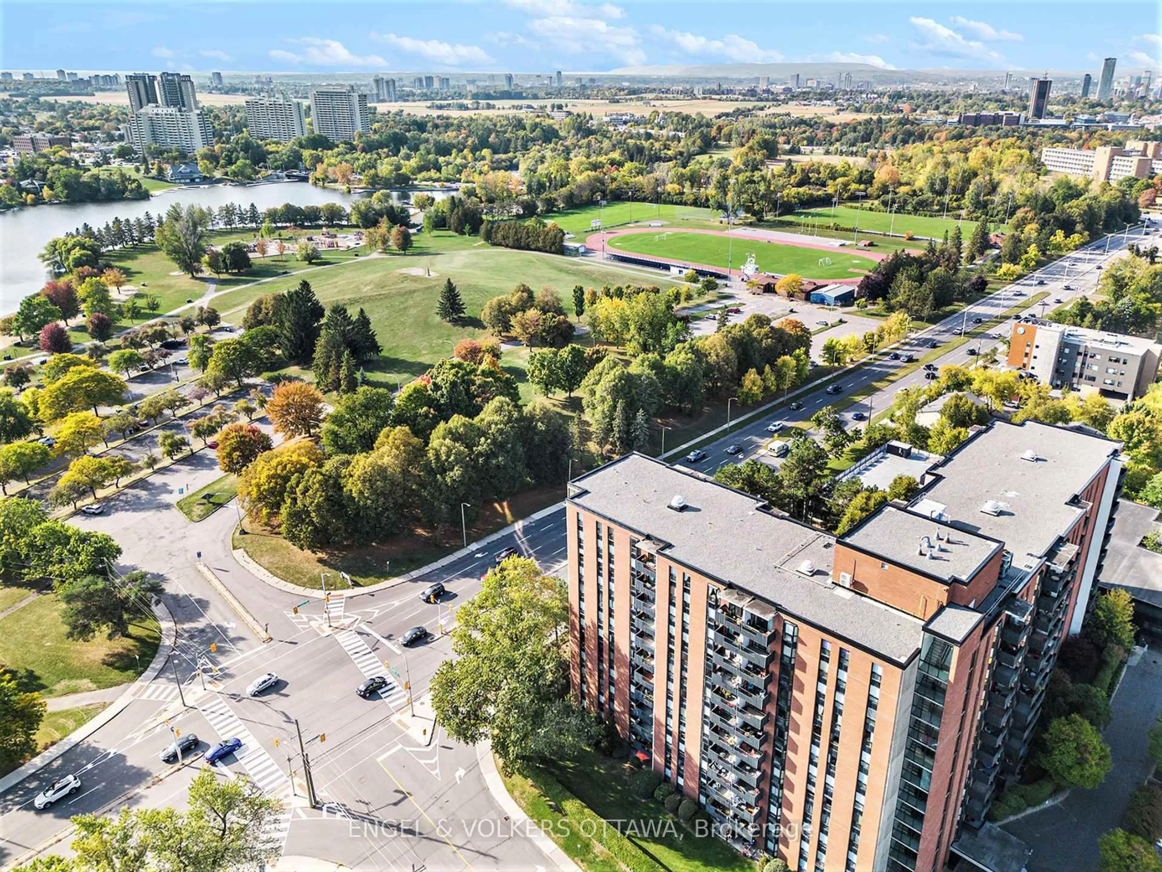 A pic from outside/outdoor area/front of a property/back of a property/a pic from drone, city buildings view from balcony for 2951 Riverside Dr #1110, Ottawa Ontario K1V 8W6