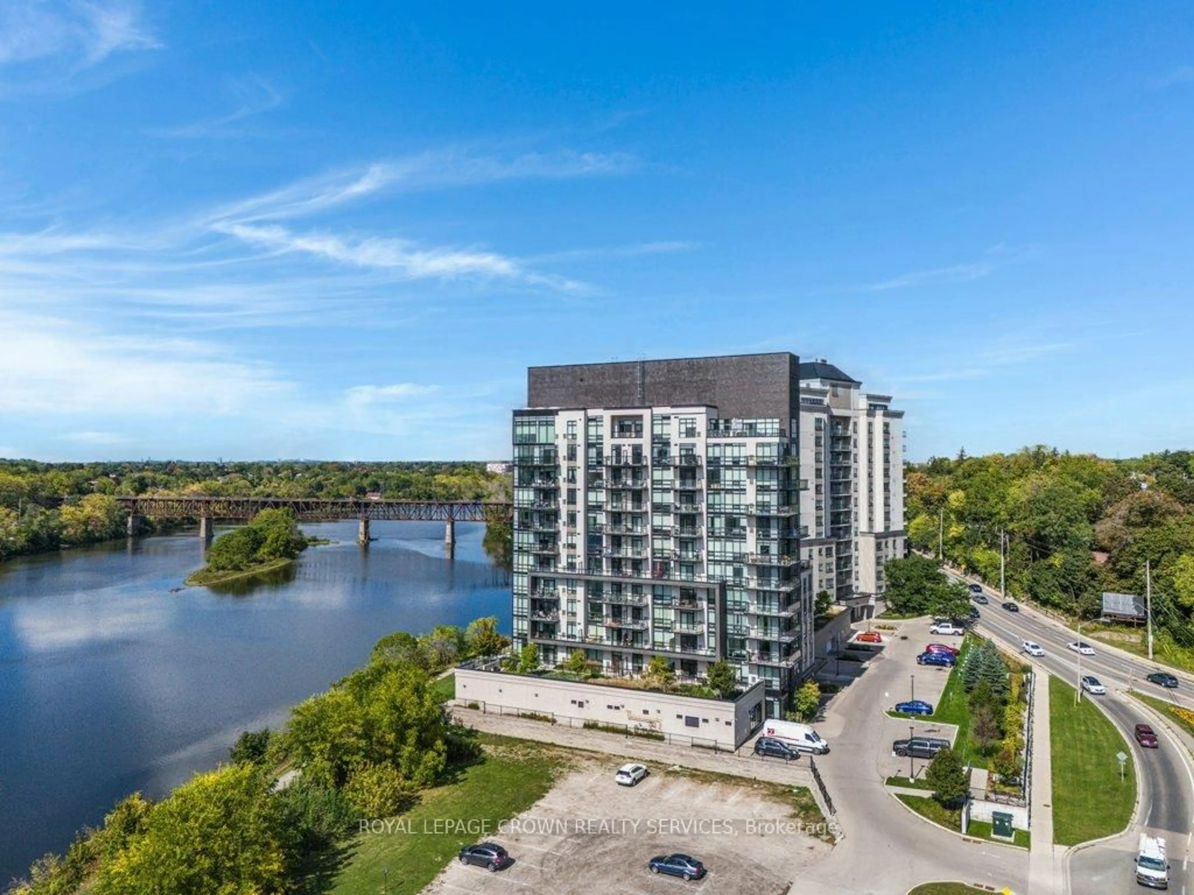 A pic from outside/outdoor area/front of a property/back of a property/a pic from drone, water/lake/river/ocean view for 150 Water St #301, Cambridge Ontario N1R 0B5