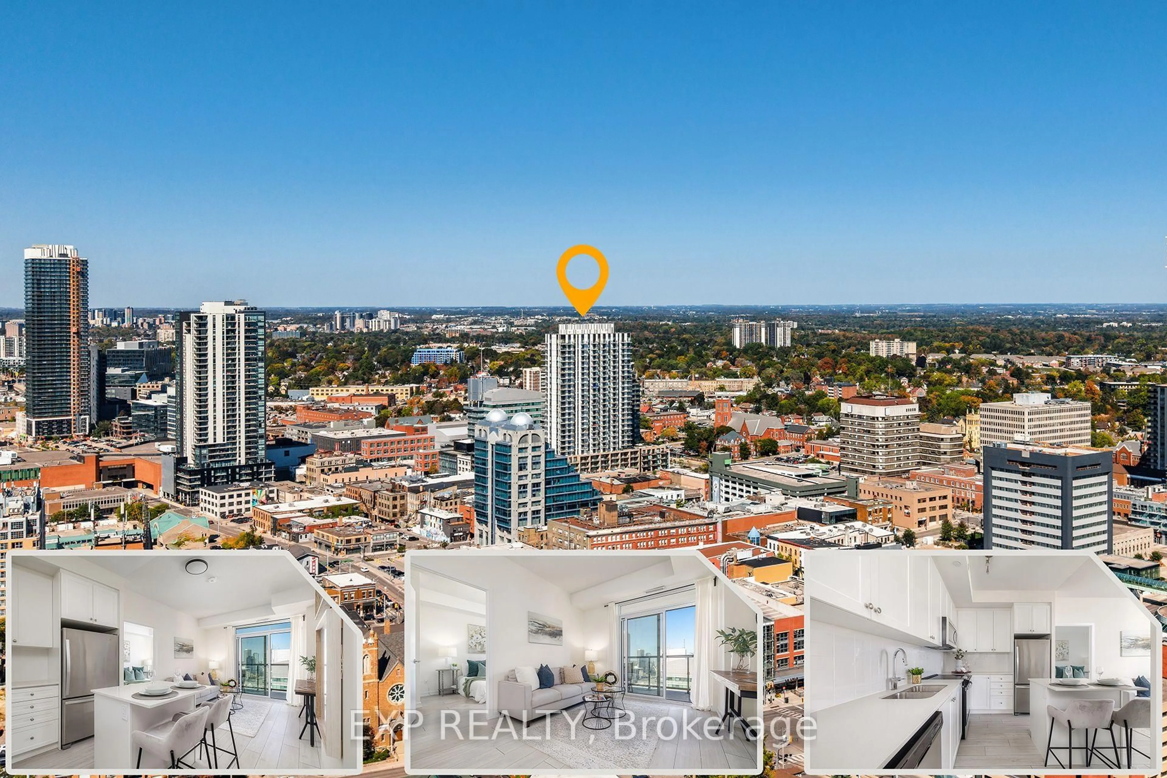 A pic from outside/outdoor area/front of a property/back of a property/a pic from drone, city buildings view from balcony for 55 DUKE St #1401, Kitchener Ontario N2G 1A6