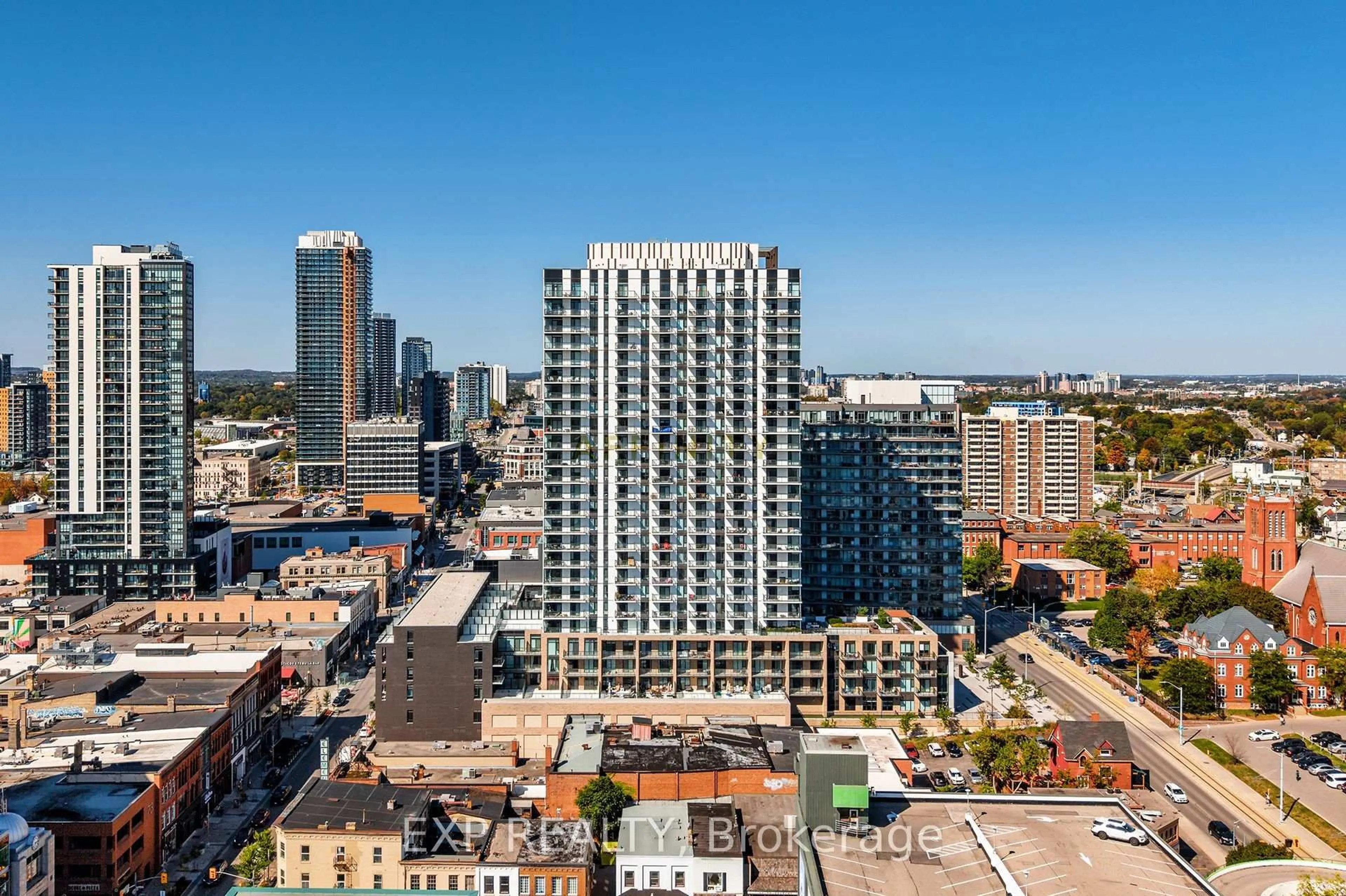 A pic from outside/outdoor area/front of a property/back of a property/a pic from drone, city buildings view from balcony for 55 DUKE St #1401, Kitchener Ontario N2G 1A6