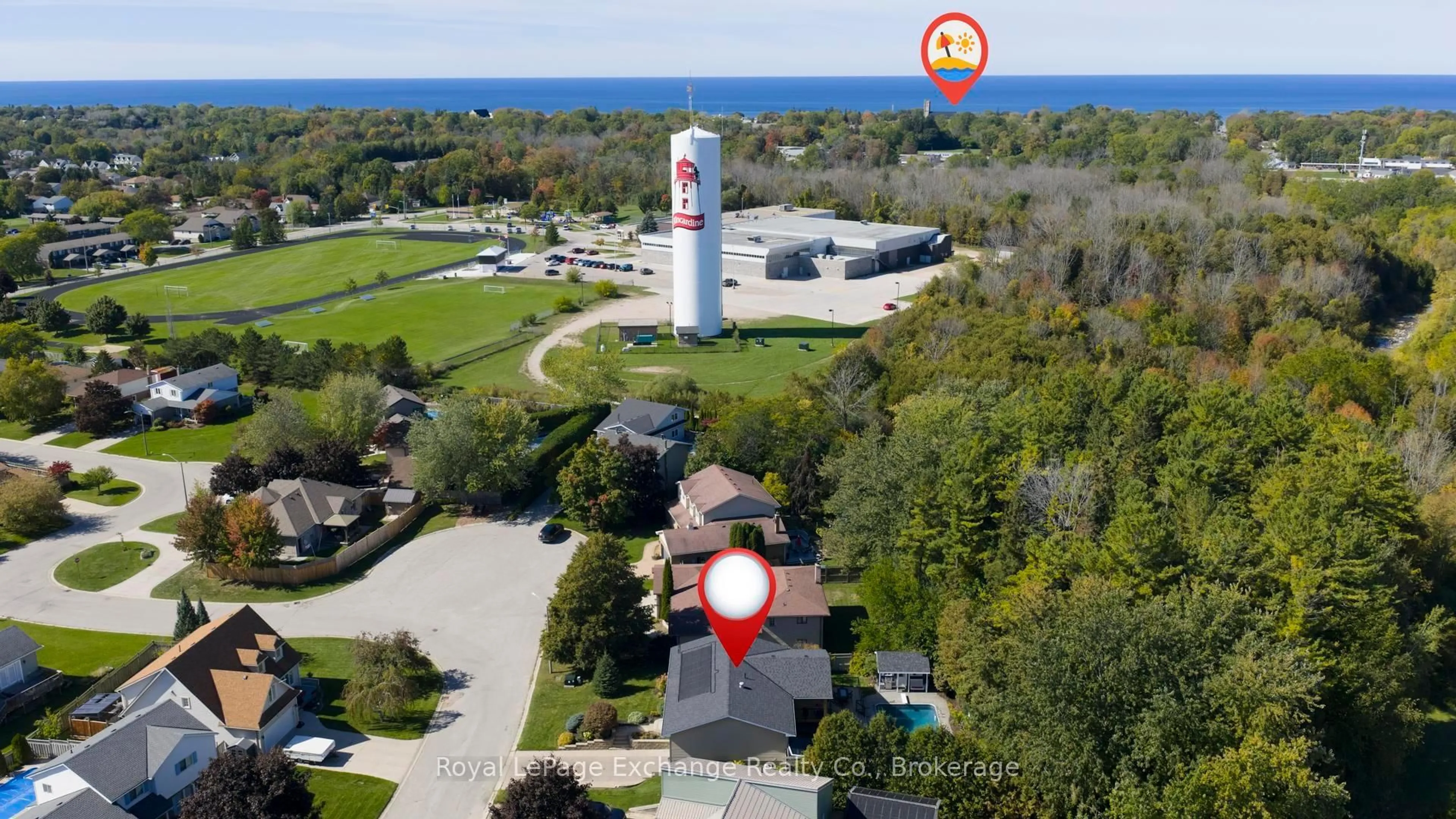 A pic from outside/outdoor area/front of a property/back of a property/a pic from drone, water/lake/river/ocean view for 723 Goldie Cres, Kincardine Ontario N2Z 2Z9