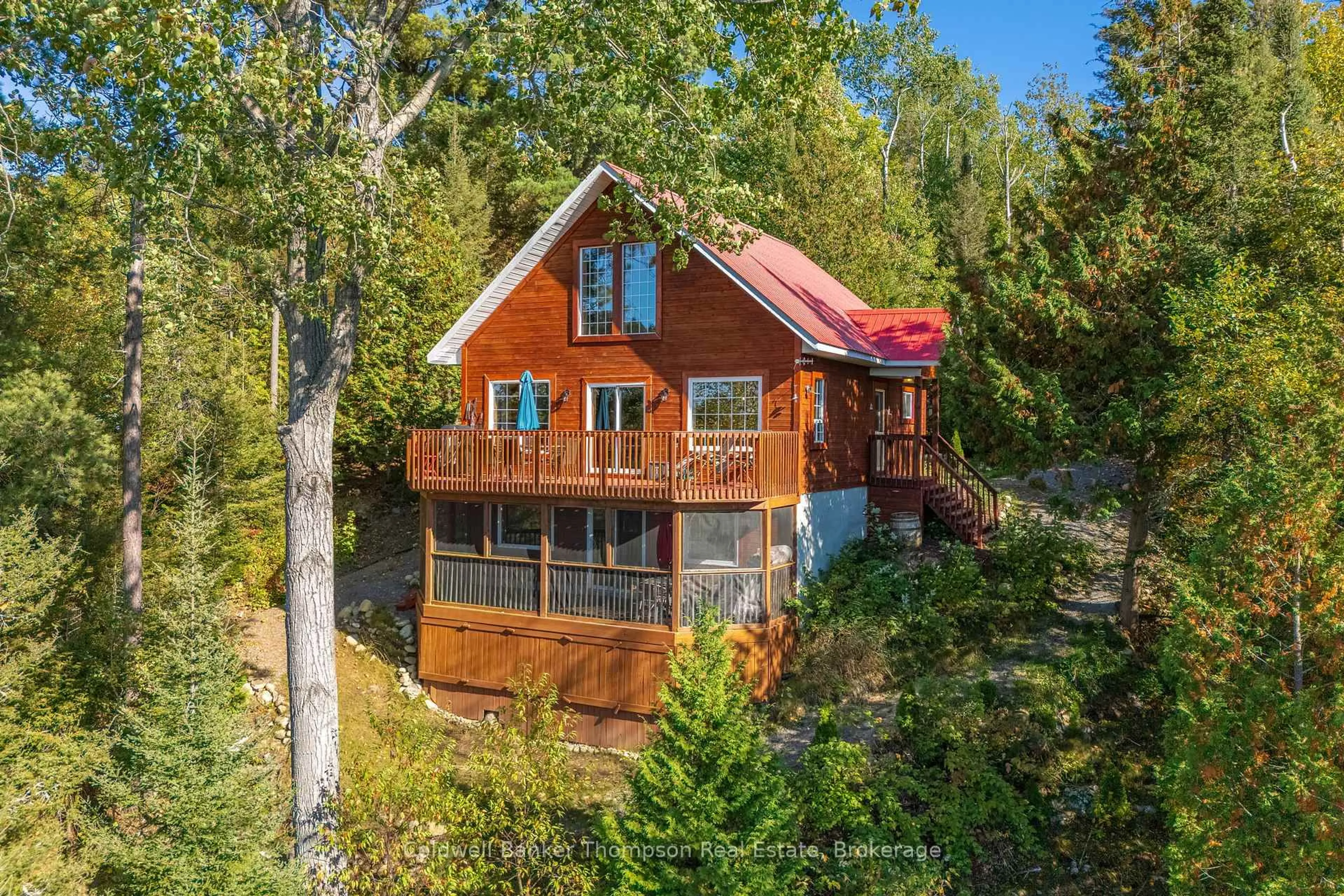 A pic from outside/outdoor area/front of a property/back of a property/a pic from drone, water/lake/river/ocean view for 108 Cedar Lane, Joly Ontario P0A 1Z0