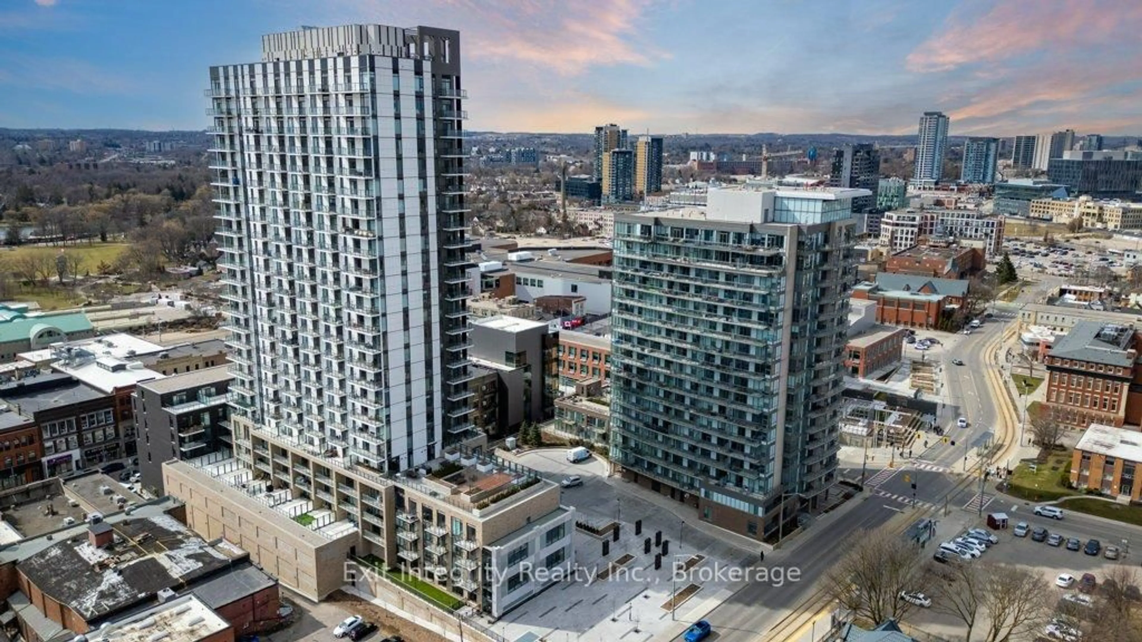 A pic from outside/outdoor area/front of a property/back of a property/a pic from drone, city buildings view from balcony for 55 Duke St, Kitchener Ontario N2H 0C9