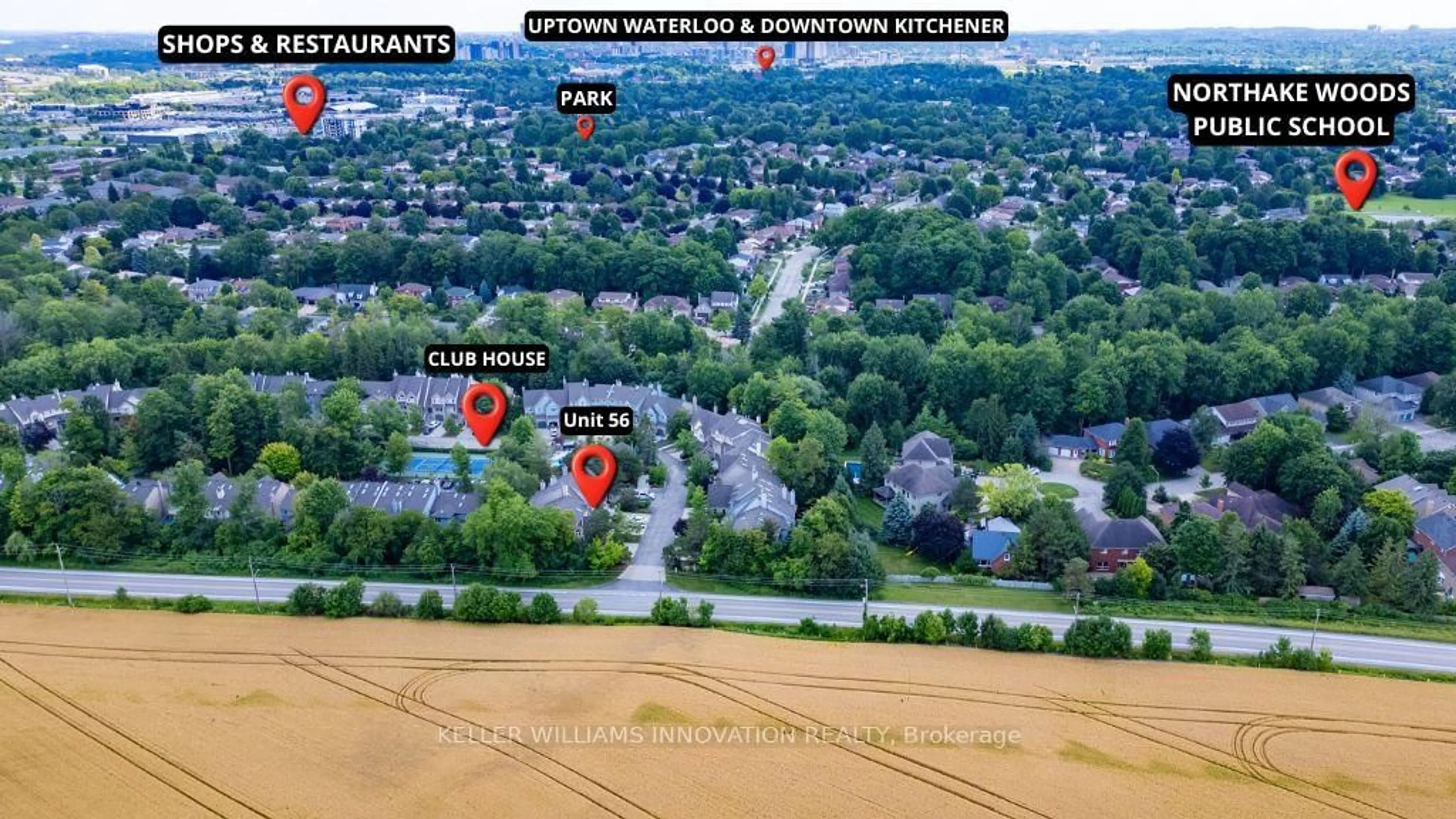 A pic from outside/outdoor area/front of a property/back of a property/a pic from drone, street for 225 Benjamin Rd #56, Waterloo Ontario N2V 1Z3