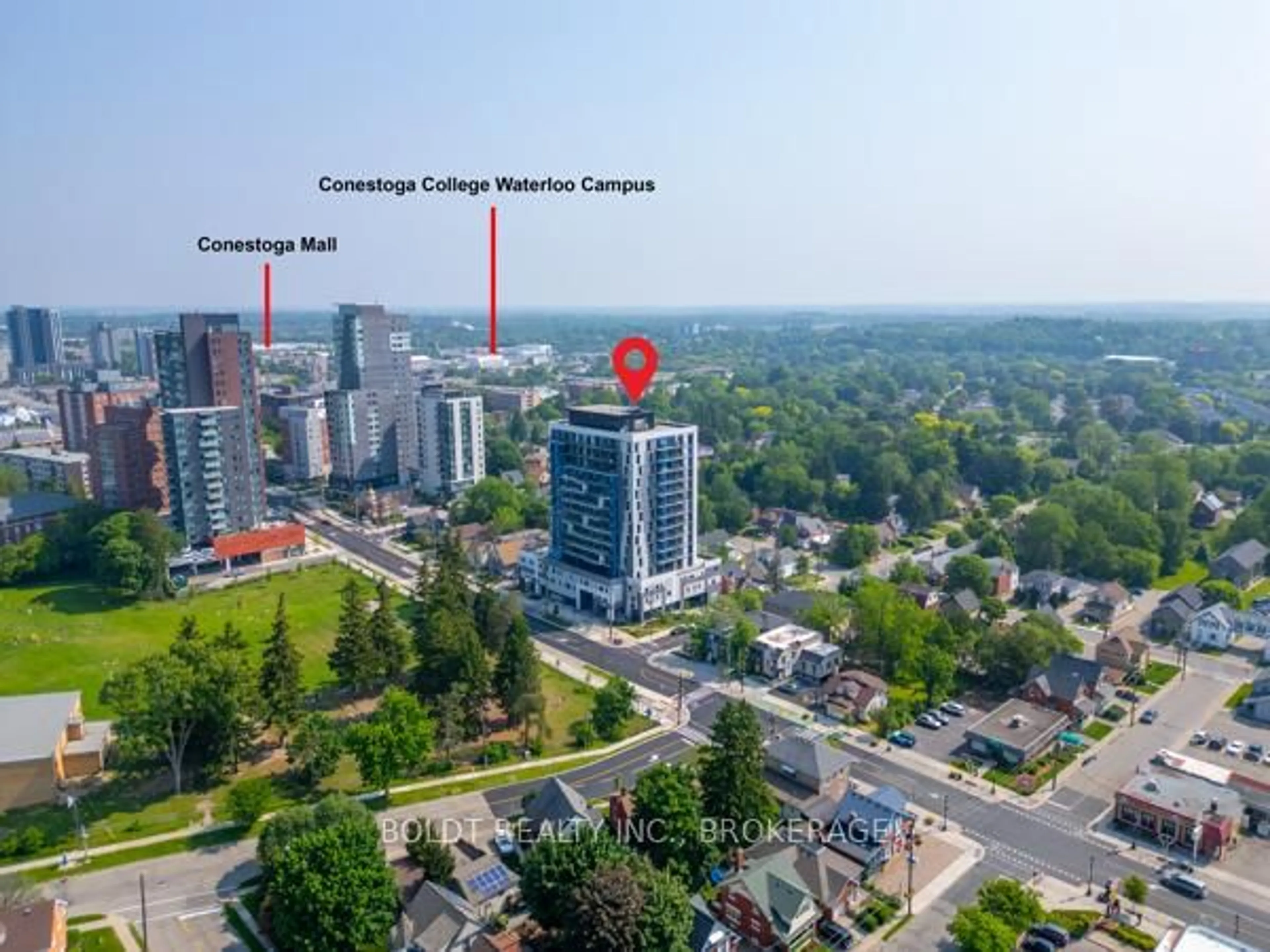 A pic from outside/outdoor area/front of a property/back of a property/a pic from drone, city buildings view from balcony for 128 King St #1607, Waterloo Ontario N2J 0E9