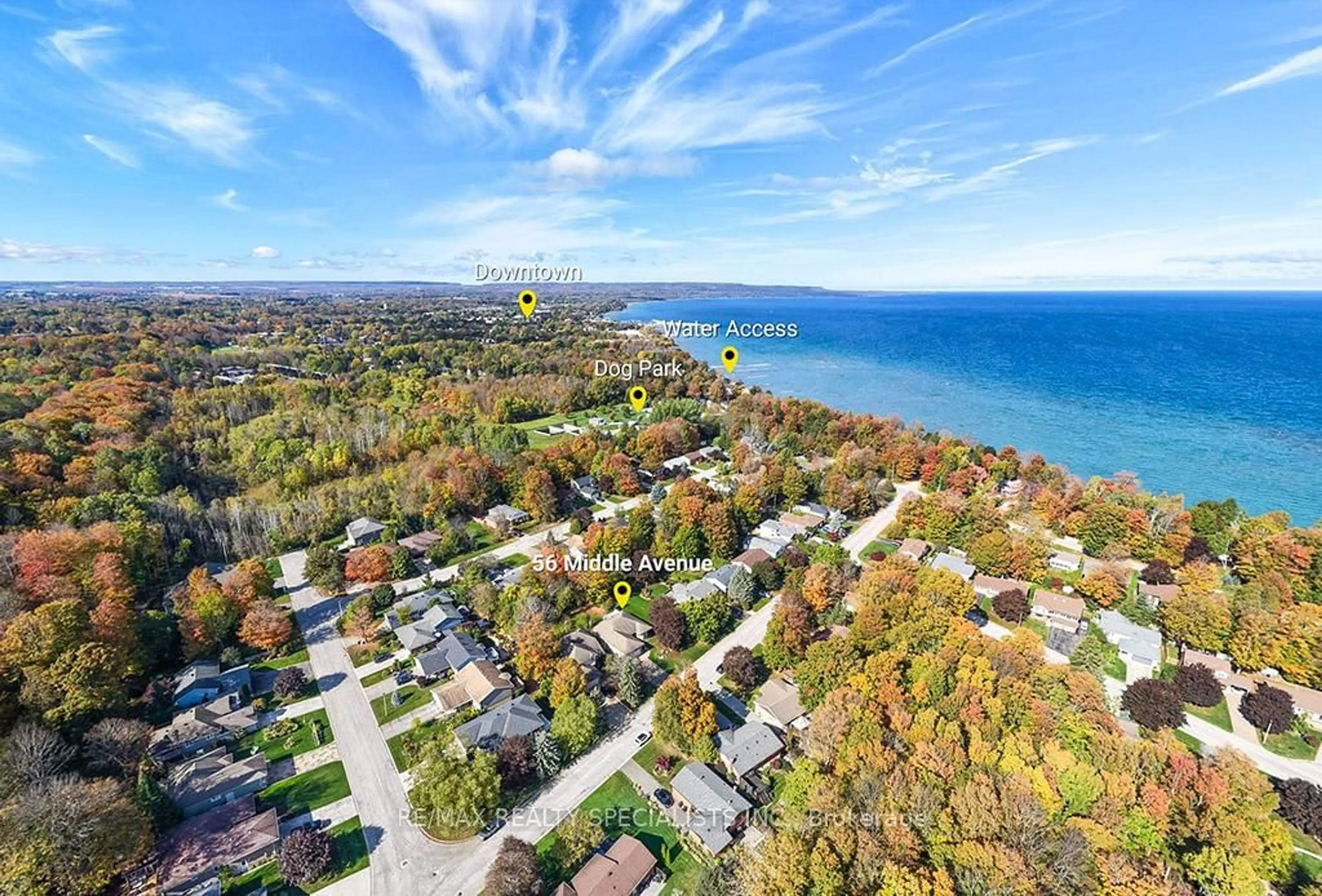 A pic from outside/outdoor area/front of a property/back of a property/a pic from drone, water/lake/river/ocean view for 56 Middle Ave, Meaford Ontario N4L 1A8