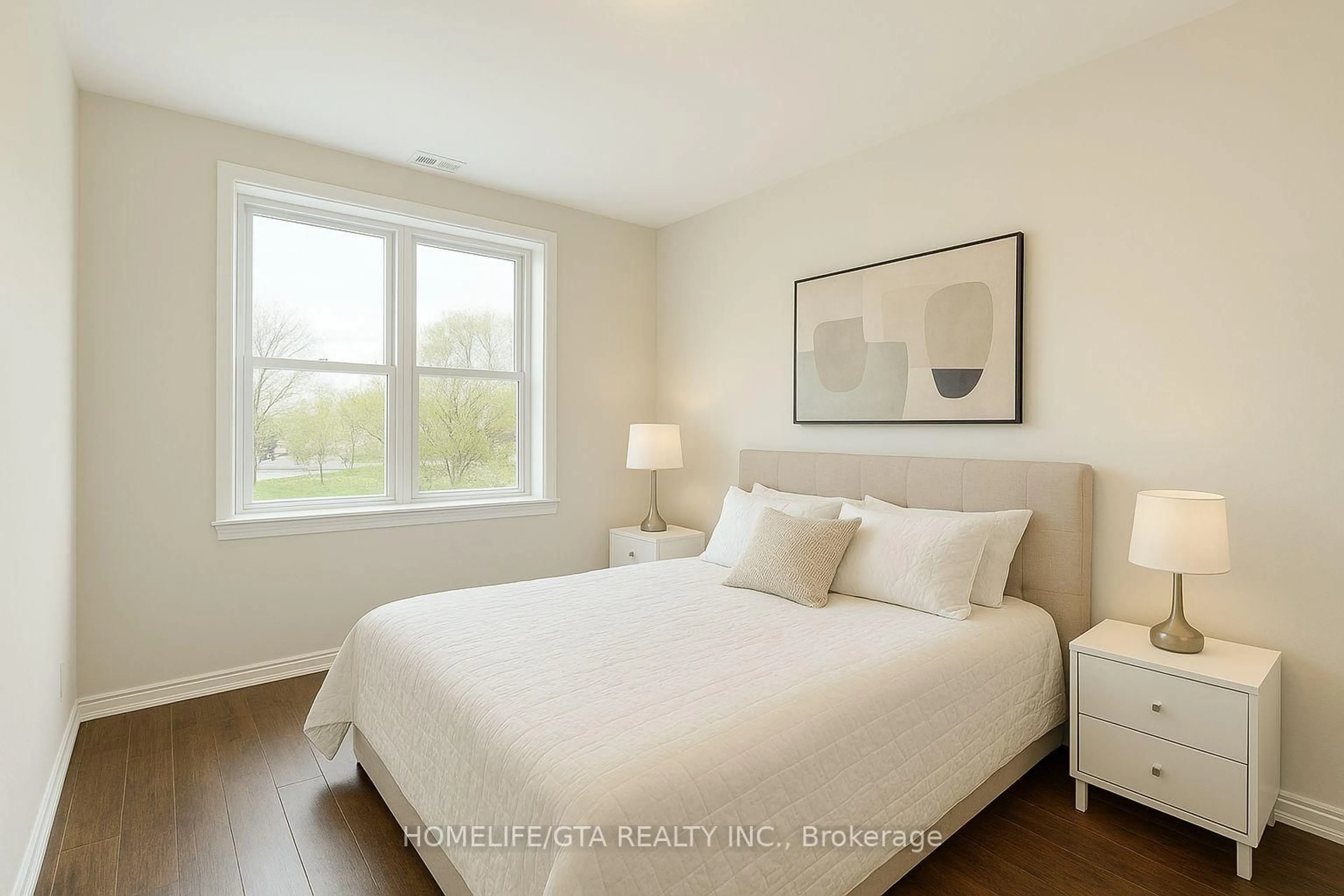 Bedroom with bed, wood/laminate floor for 95 Wilson St #102, Hamilton Ontario L8L 5C4