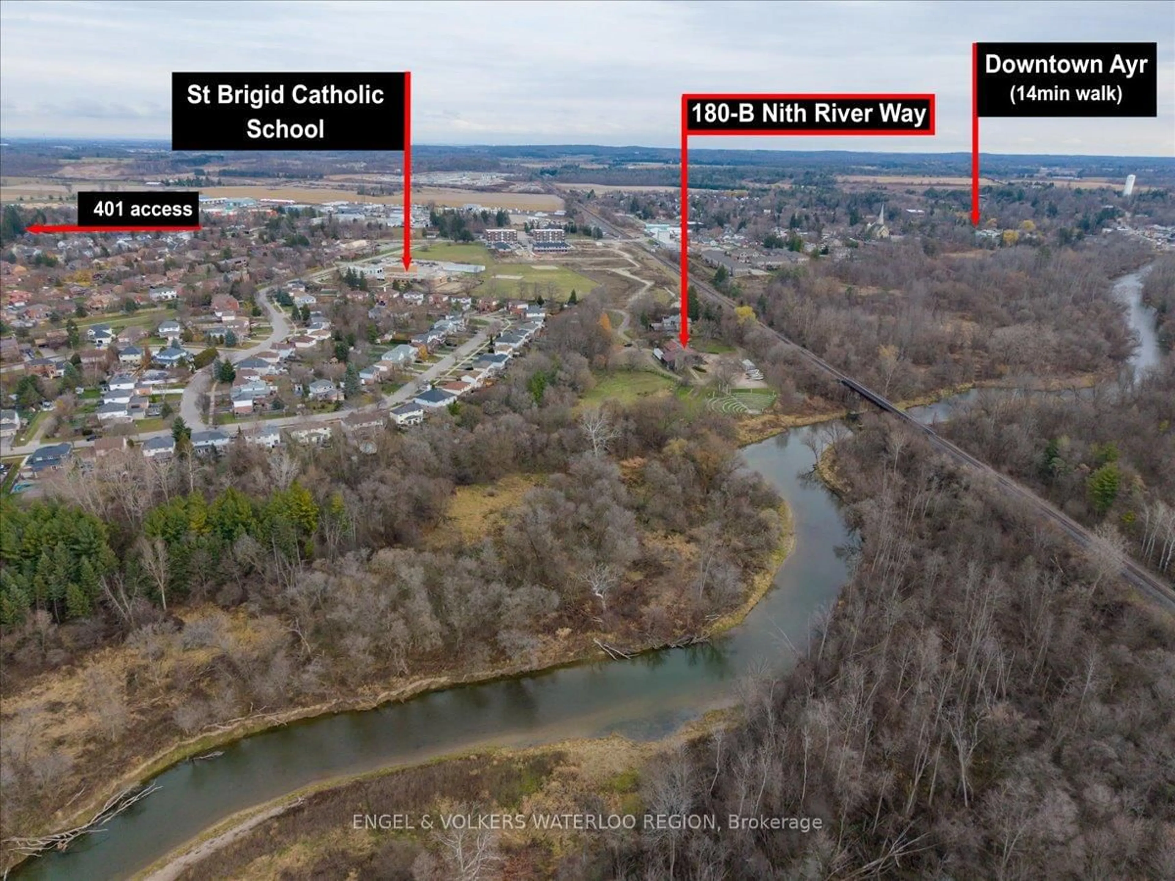 A pic from outside/outdoor area/front of a property/back of a property/a pic from drone, water/lake/river/ocean view for 180 Nith River Way, North Dumfries Ontario N0B 1E0
