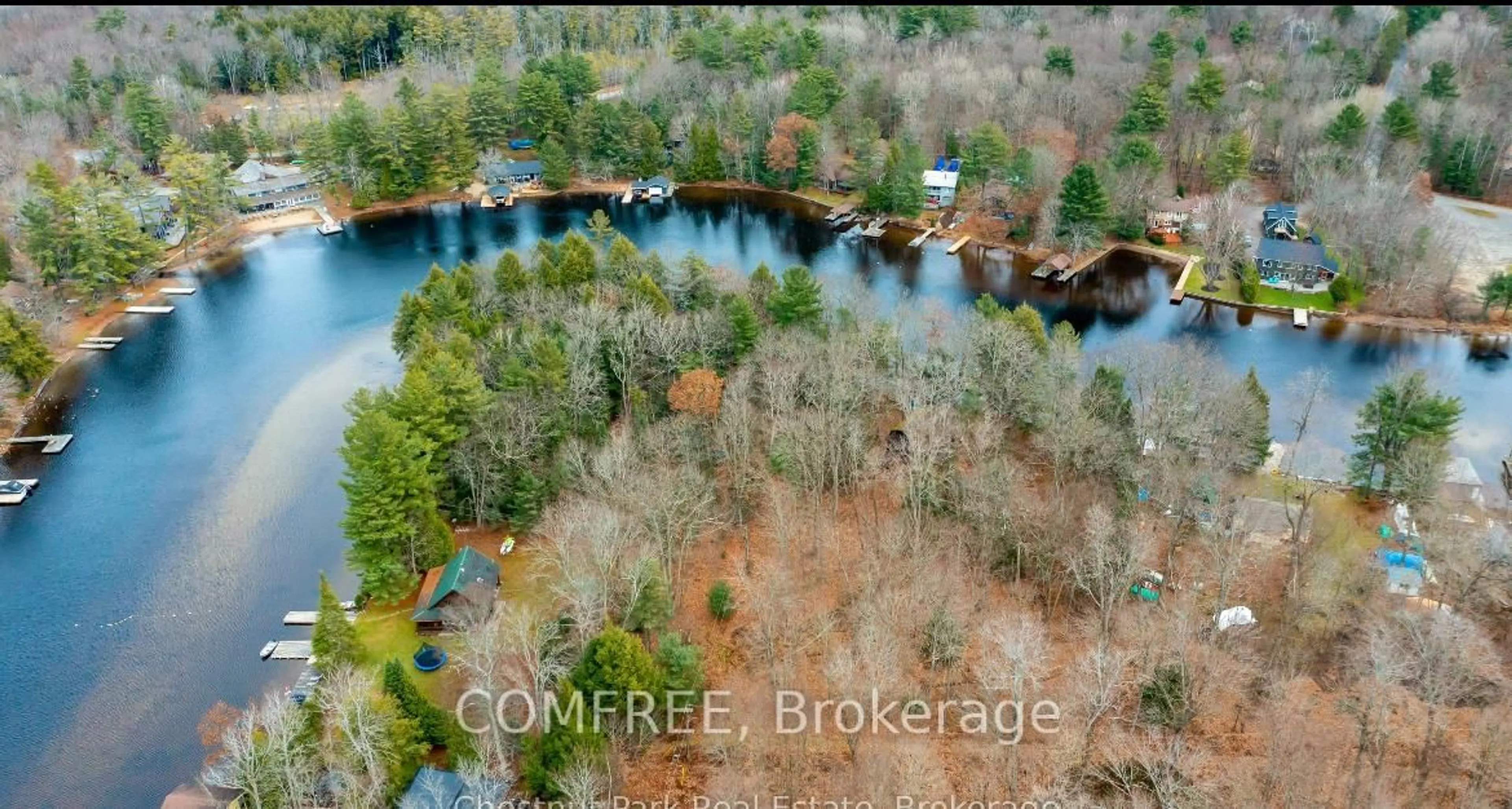 A pic from outside/outdoor area/front of a property/back of a property/a pic from drone, water/lake/river/ocean view for 30 Mcvittle Island, Bracebridge Ontario P1L 1W8