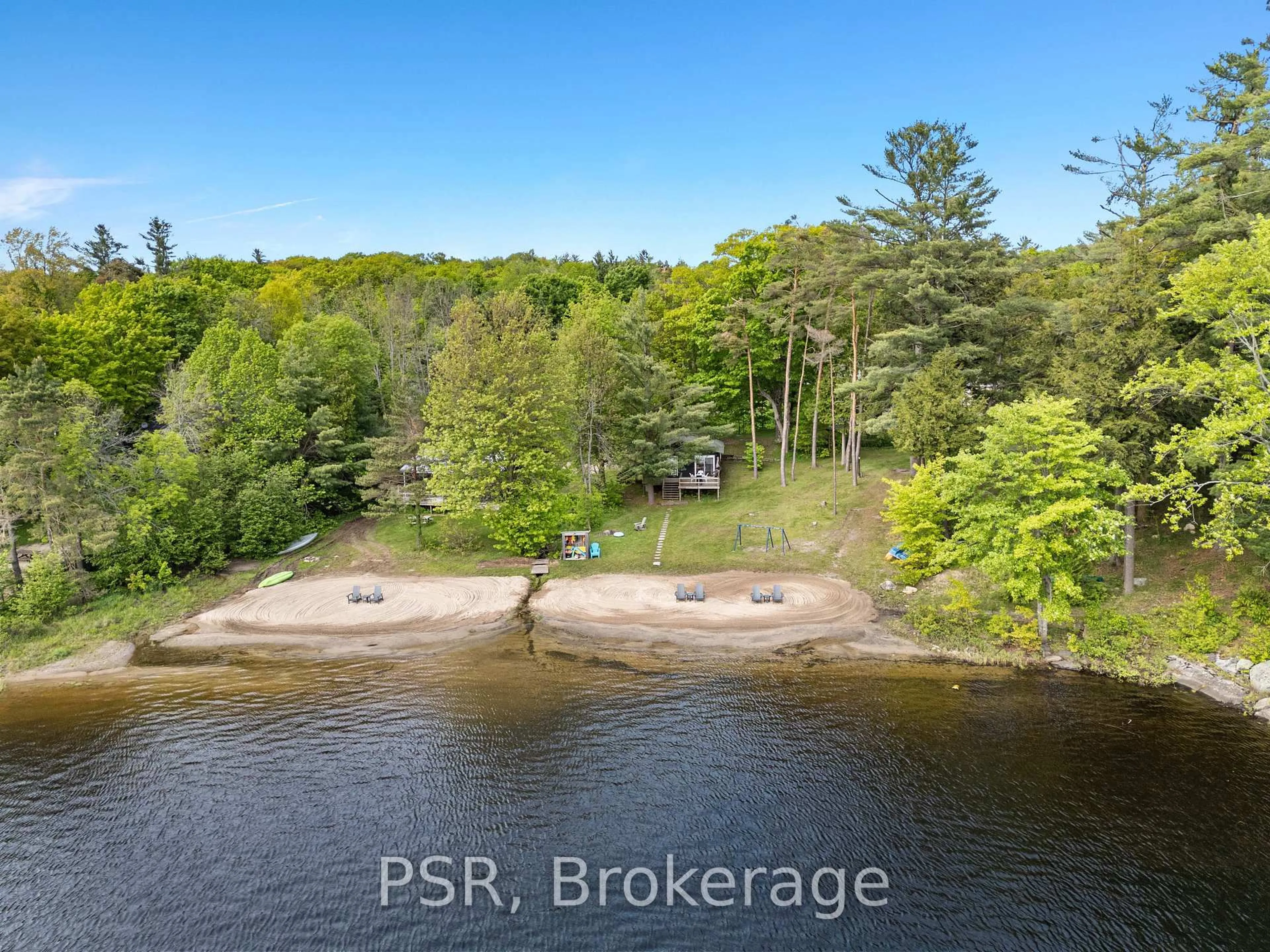 A pic from outside/outdoor area/front of a property/back of a property/a pic from drone, water/lake/river/ocean view for 1113 Moon River Rd, Muskoka Lakes Ontario P0C 1A0