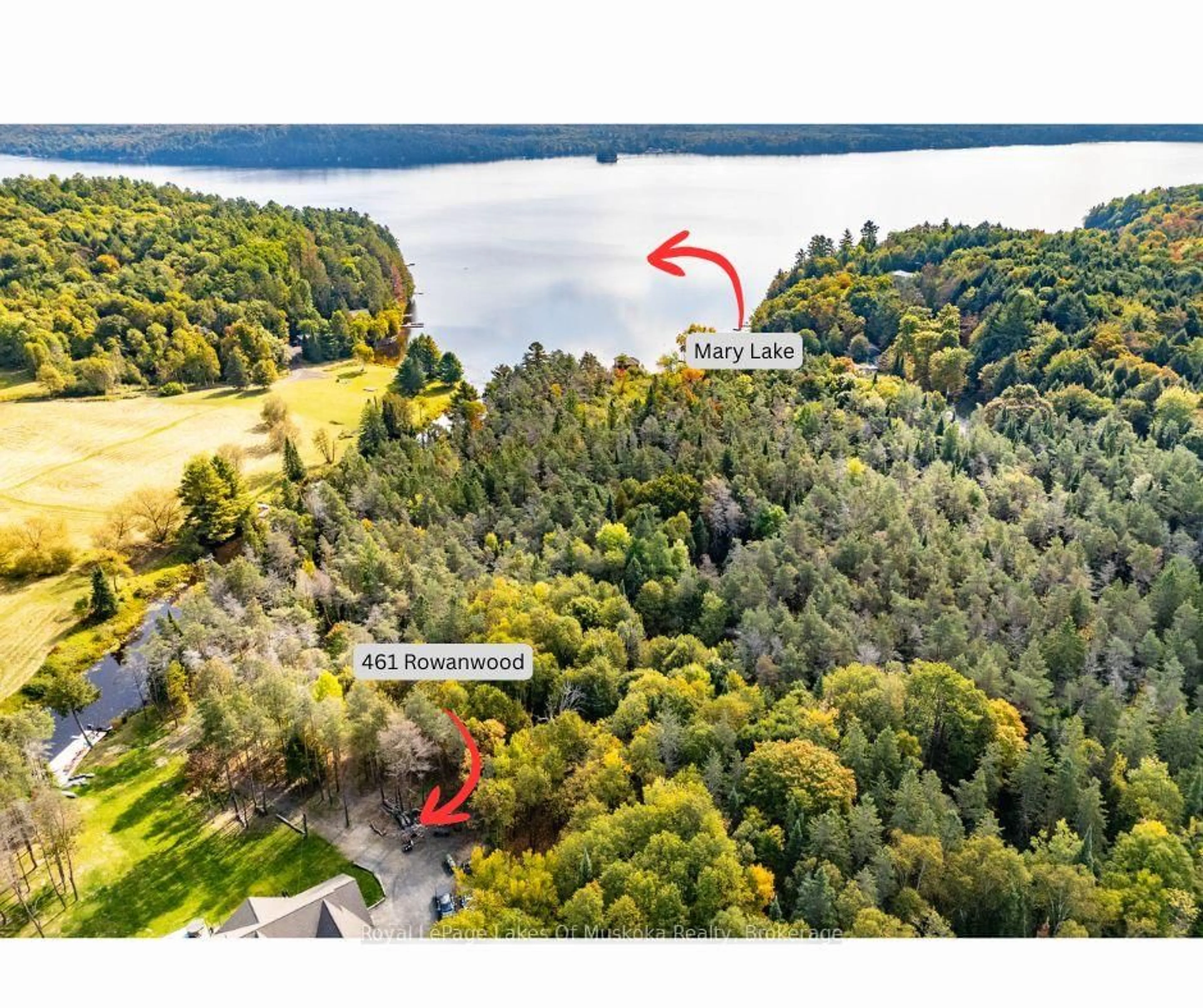 A pic from outside/outdoor area/front of a property/back of a property/a pic from drone, water/lake/river/ocean view for 461 Rowanwood Rd, Huntsville Ontario P0B 1M0