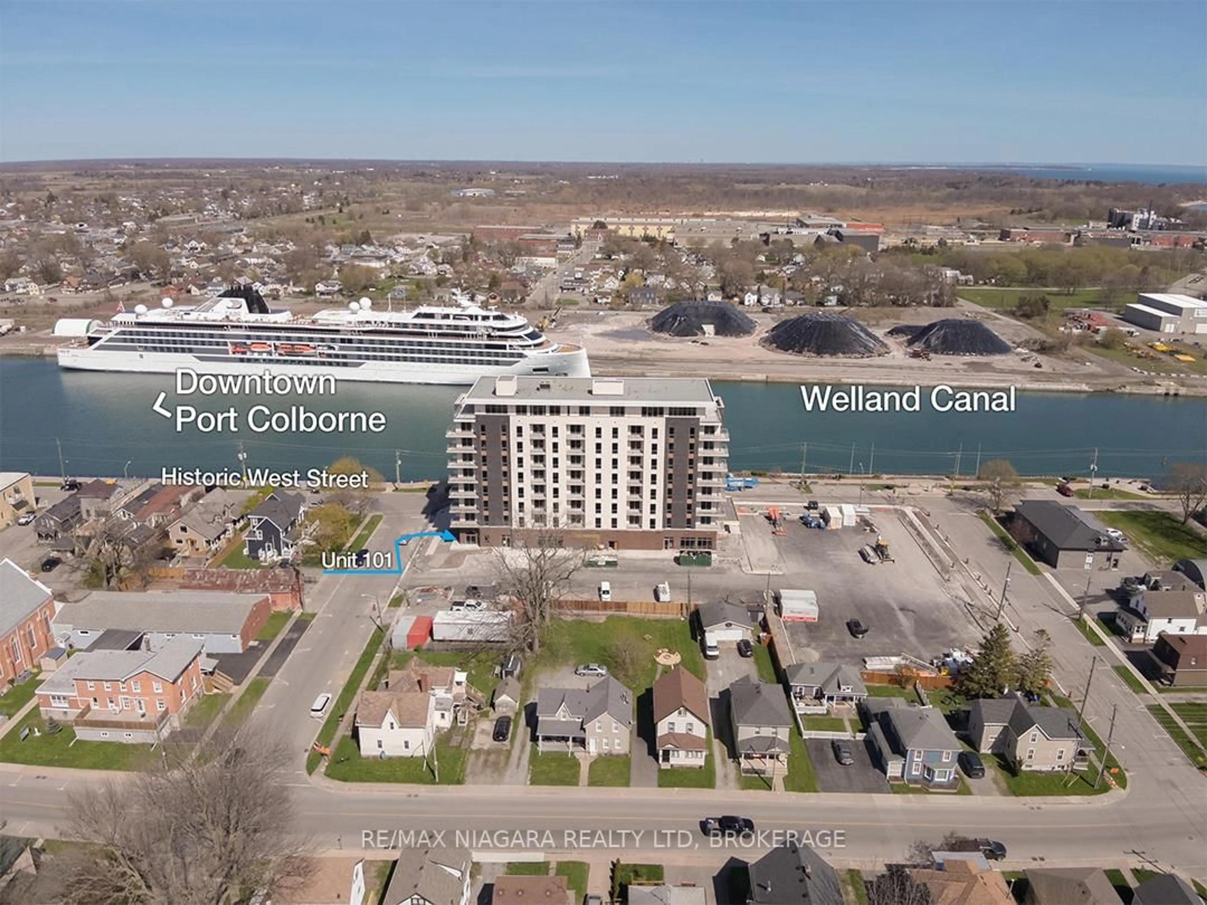 A pic from outside/outdoor area/front of a property/back of a property/a pic from drone, water/lake/river/ocean view for 118 WEST St #101, Port Colborne Ontario L3K 0B9