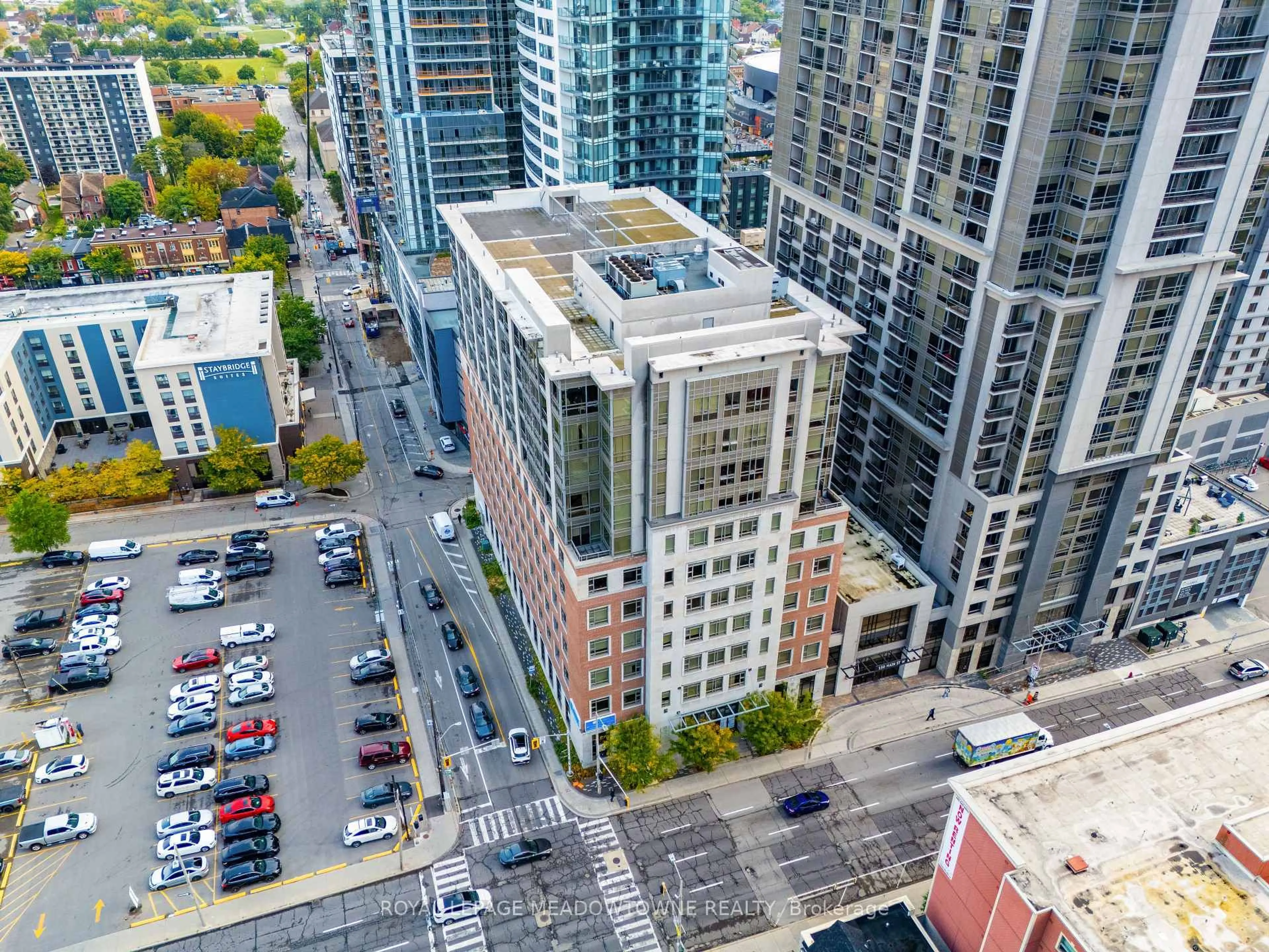 A pic from outside/outdoor area/front of a property/back of a property/a pic from drone, city buildings view from balcony for 150 Main St #505, Hamilton Ontario L8P 1H8