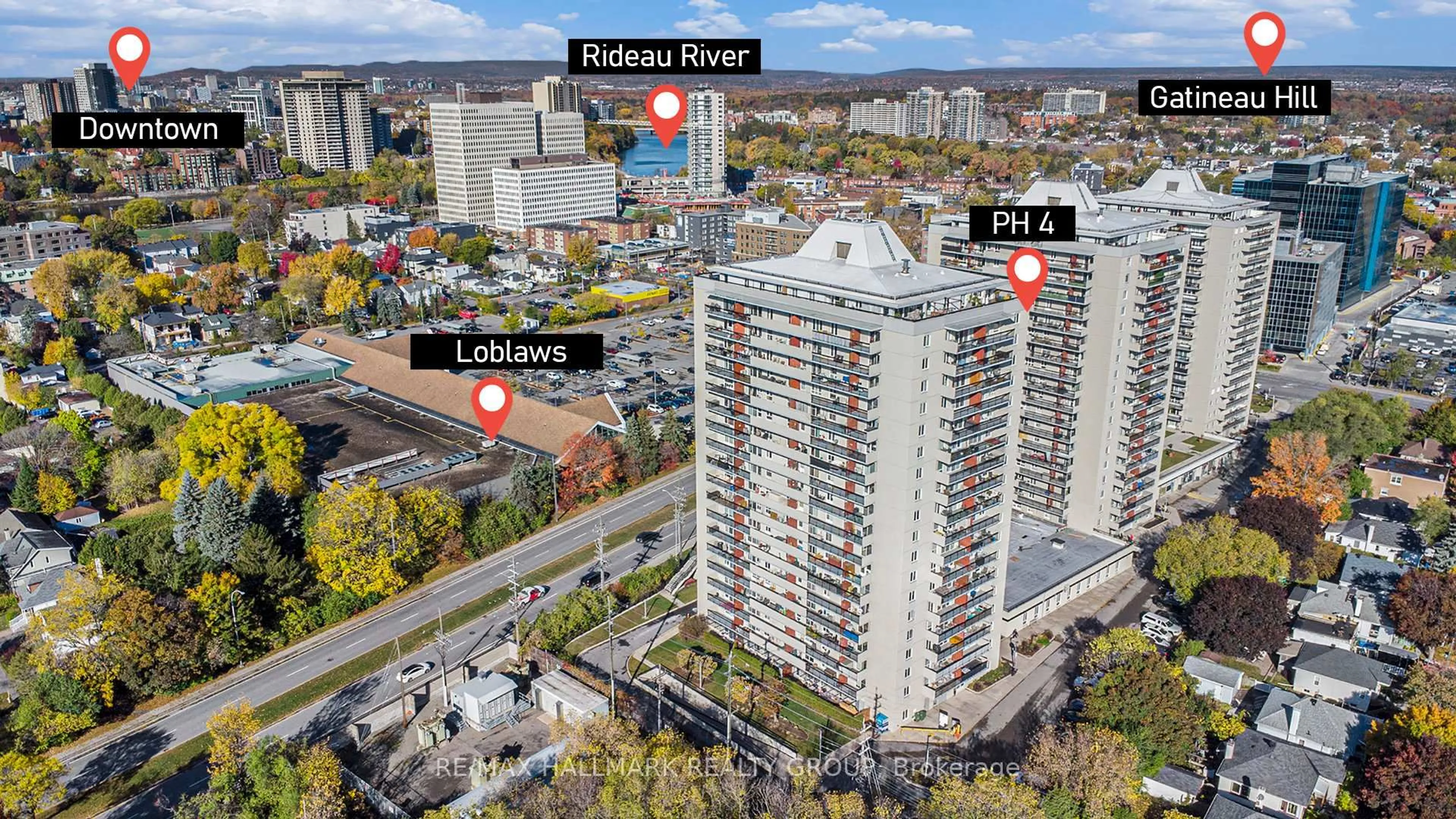 A pic from outside/outdoor area/front of a property/back of a property/a pic from drone, city buildings view from balcony for 158C McArthur Ave #PH4, Ottawa Ontario K1L 8C9
