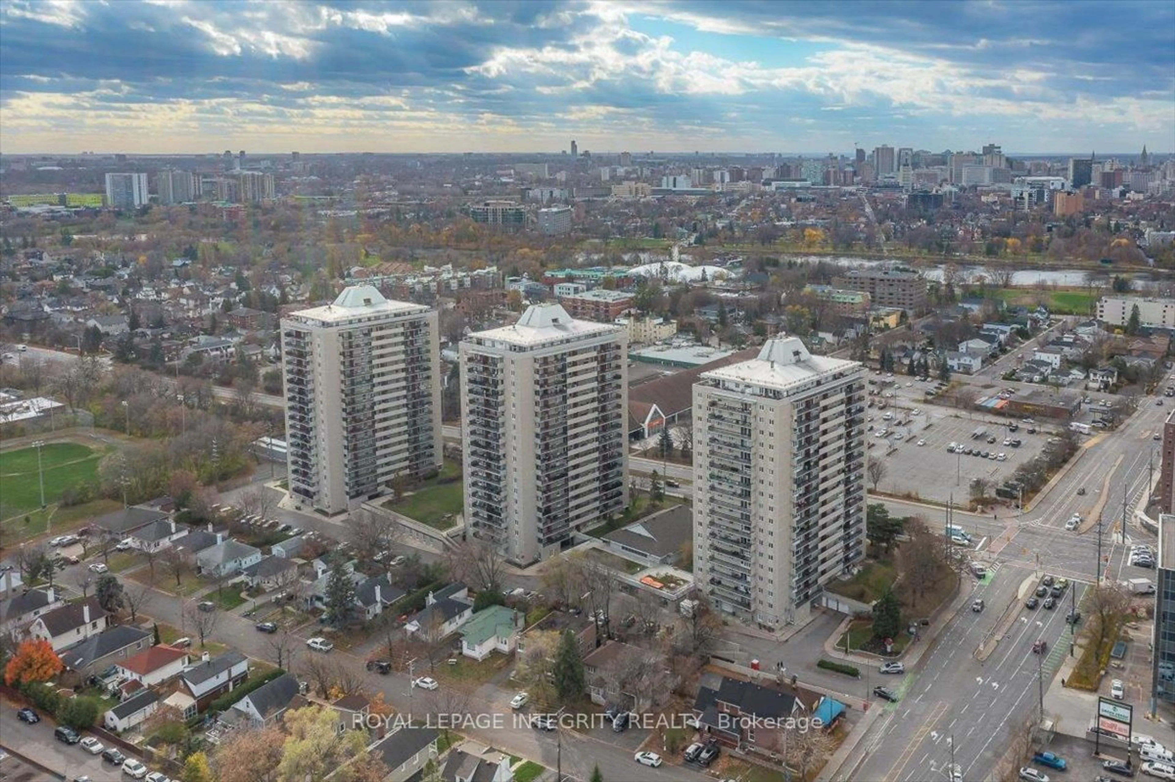A pic from outside/outdoor area/front of a property/back of a property/a pic from drone, city buildings view from balcony for 158A McArthur Ave #109, Ottawa Ontario K1L 7E7