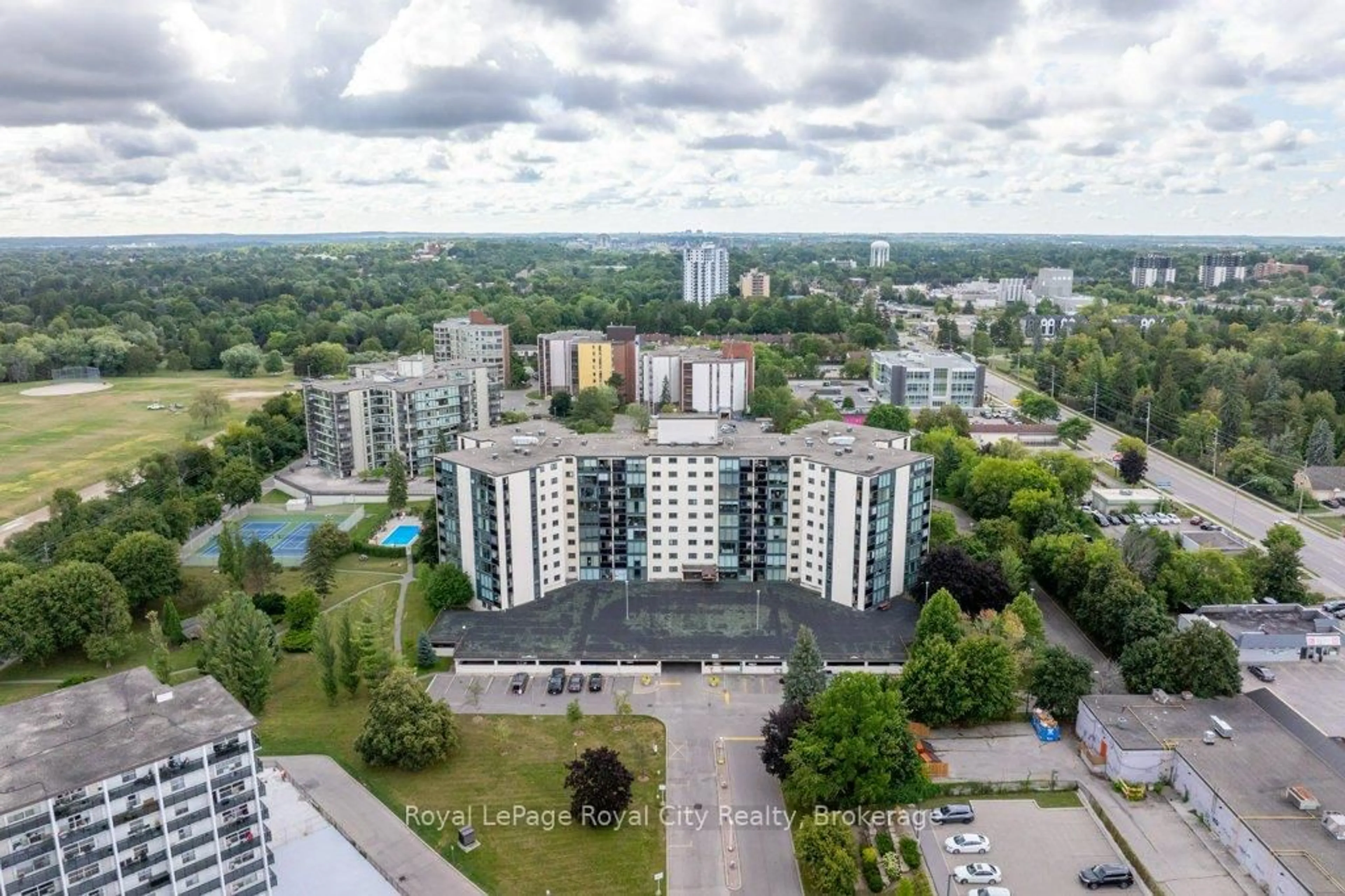 A pic from outside/outdoor area/front of a property/back of a property/a pic from drone, city buildings view from balcony for 19 Woodlawn Rd #511, Guelph Ontario N1H 7B1