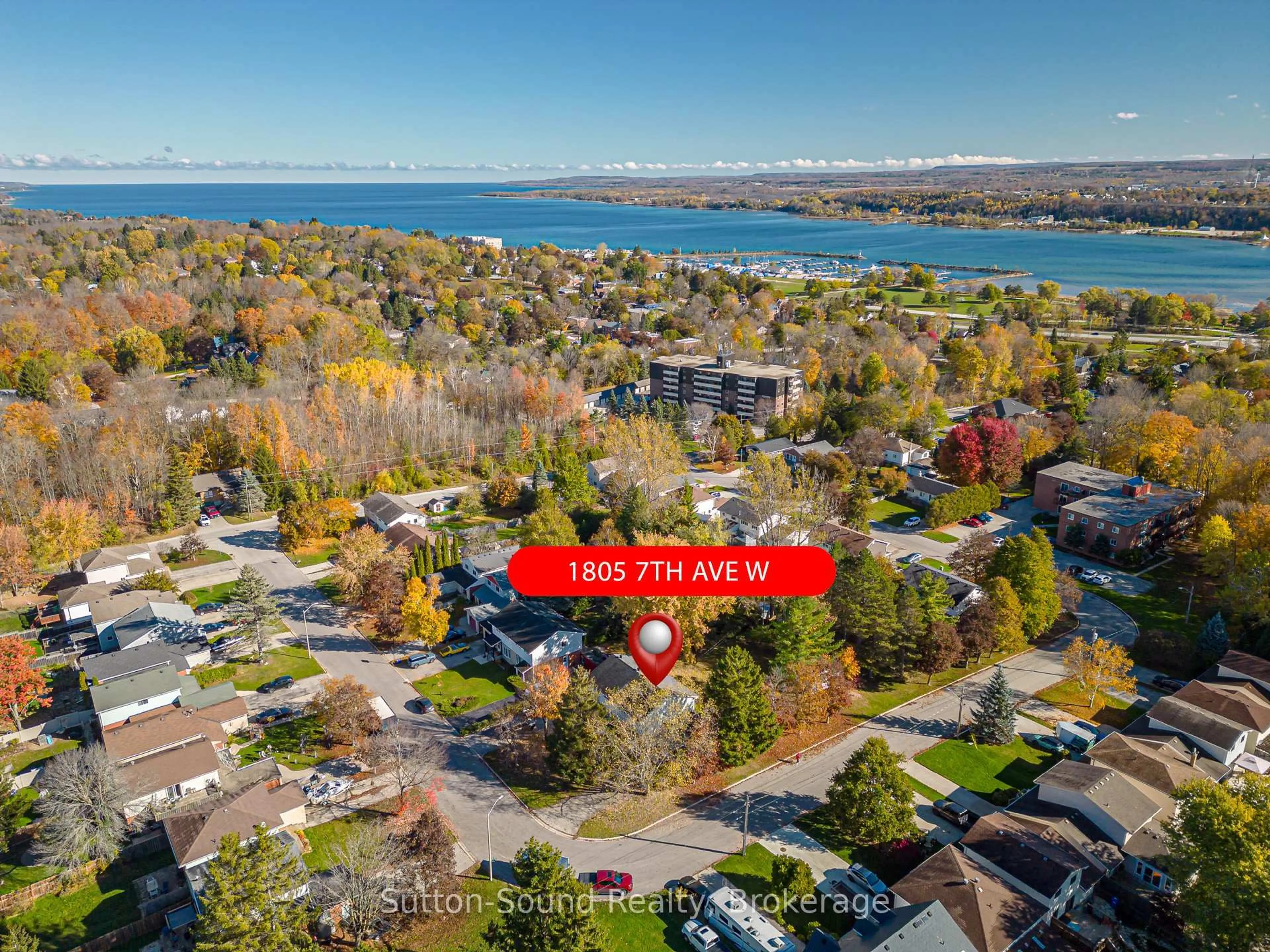 A pic from outside/outdoor area/front of a property/back of a property/a pic from drone, water/lake/river/ocean view for 1805 7th Ave, Owen Sound Ontario N4K 5L5