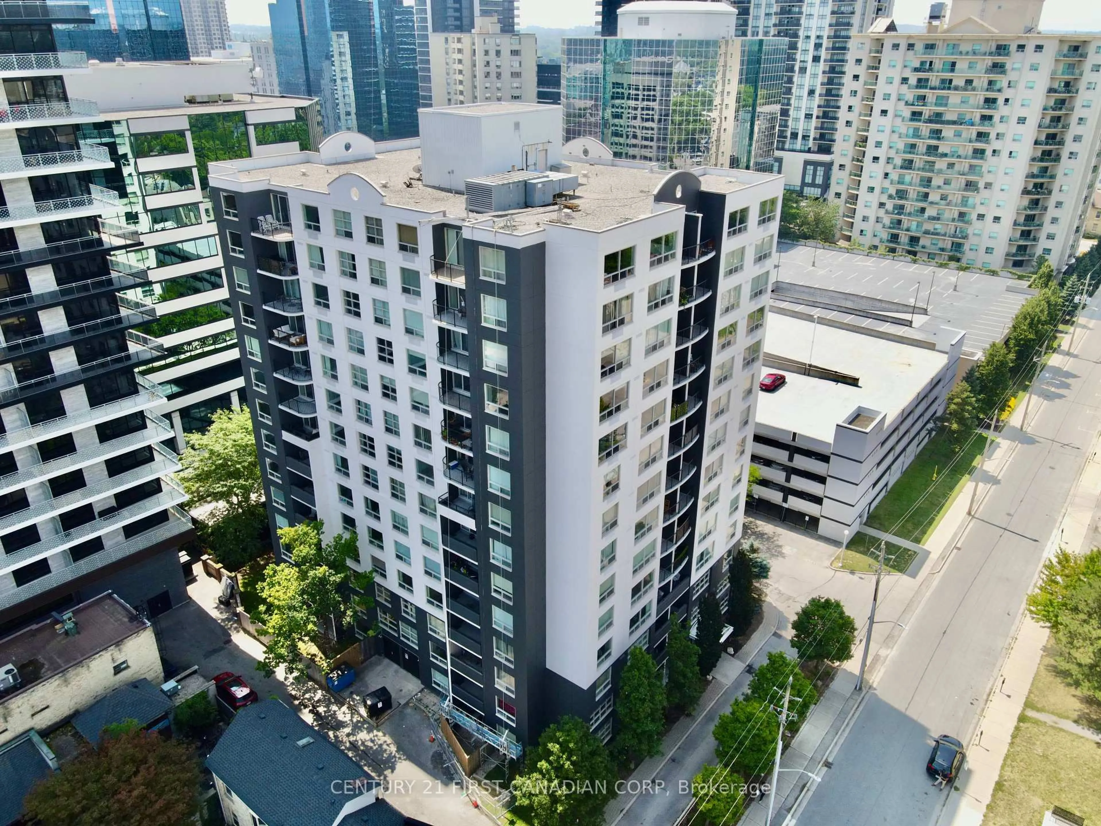 A pic from outside/outdoor area/front of a property/back of a property/a pic from drone, city buildings view from balcony for 155 Kent St #506, London East Ontario N6A 5N7