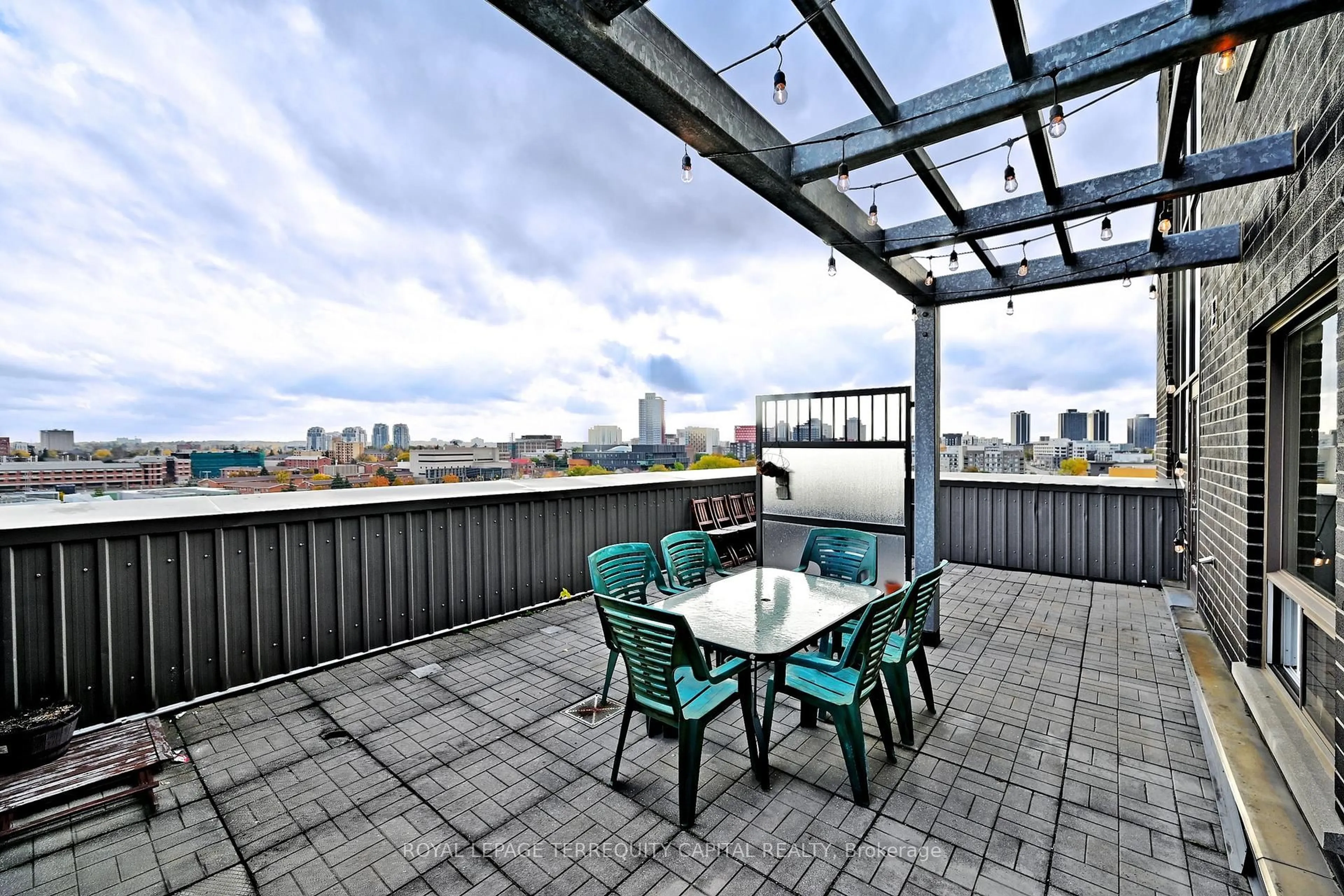 Patio, city buildings view from balcony for 8 Hickory St #PH 1101, Waterloo Ontario N2L 3H6