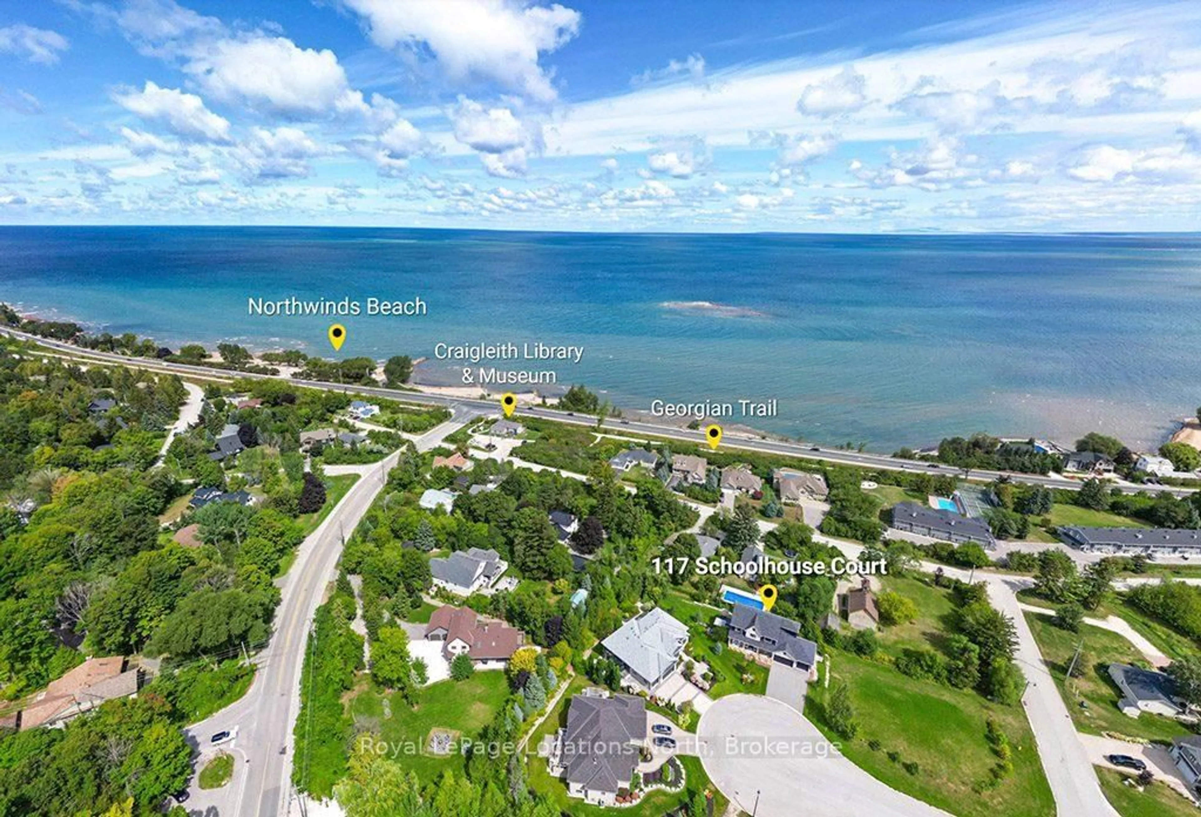 A pic from outside/outdoor area/front of a property/back of a property/a pic from drone, water/lake/river/ocean view for 117 SCHOOLHOUSE Crt, Blue Mountains Ontario L9Y 0N2