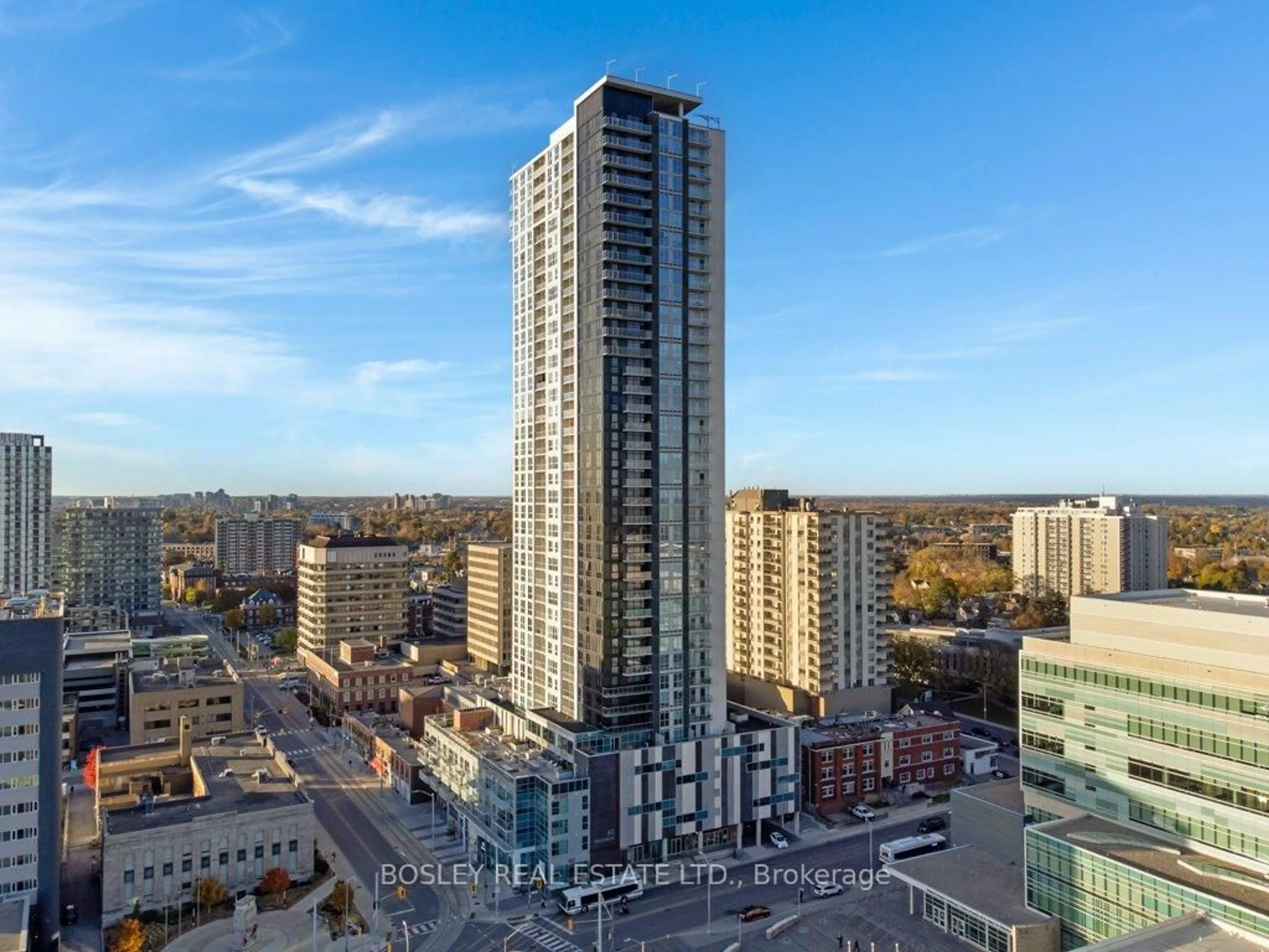 A pic from outside/outdoor area/front of a property/back of a property/a pic from drone, city buildings view from balcony for 60 Frederick St #1805, Kitchener Ontario N2H 0C7