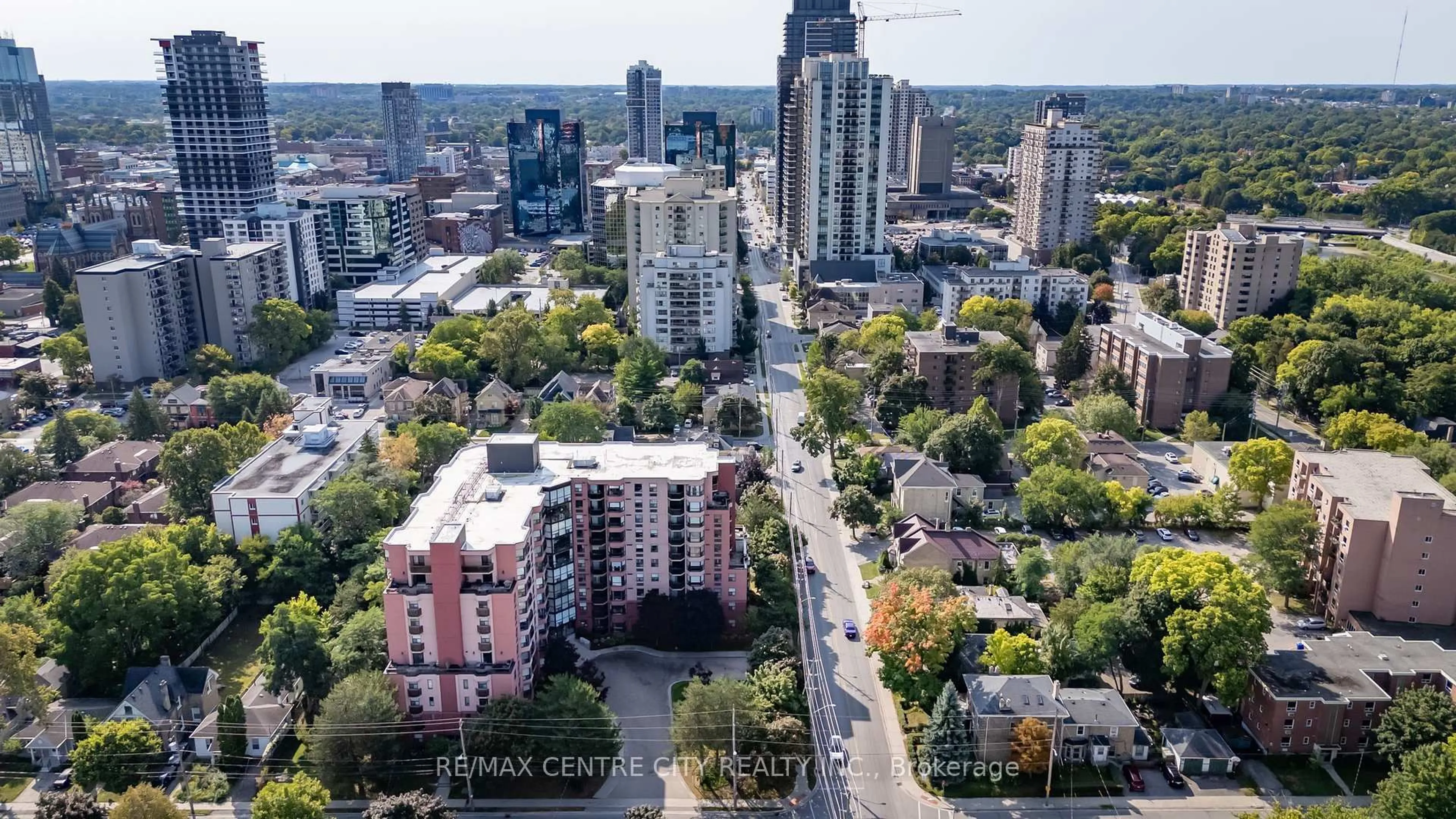 A pic from outside/outdoor area/front of a property/back of a property/a pic from drone, city buildings view from balcony for 600 Talbot St #103, London East Ontario N6A 5L9