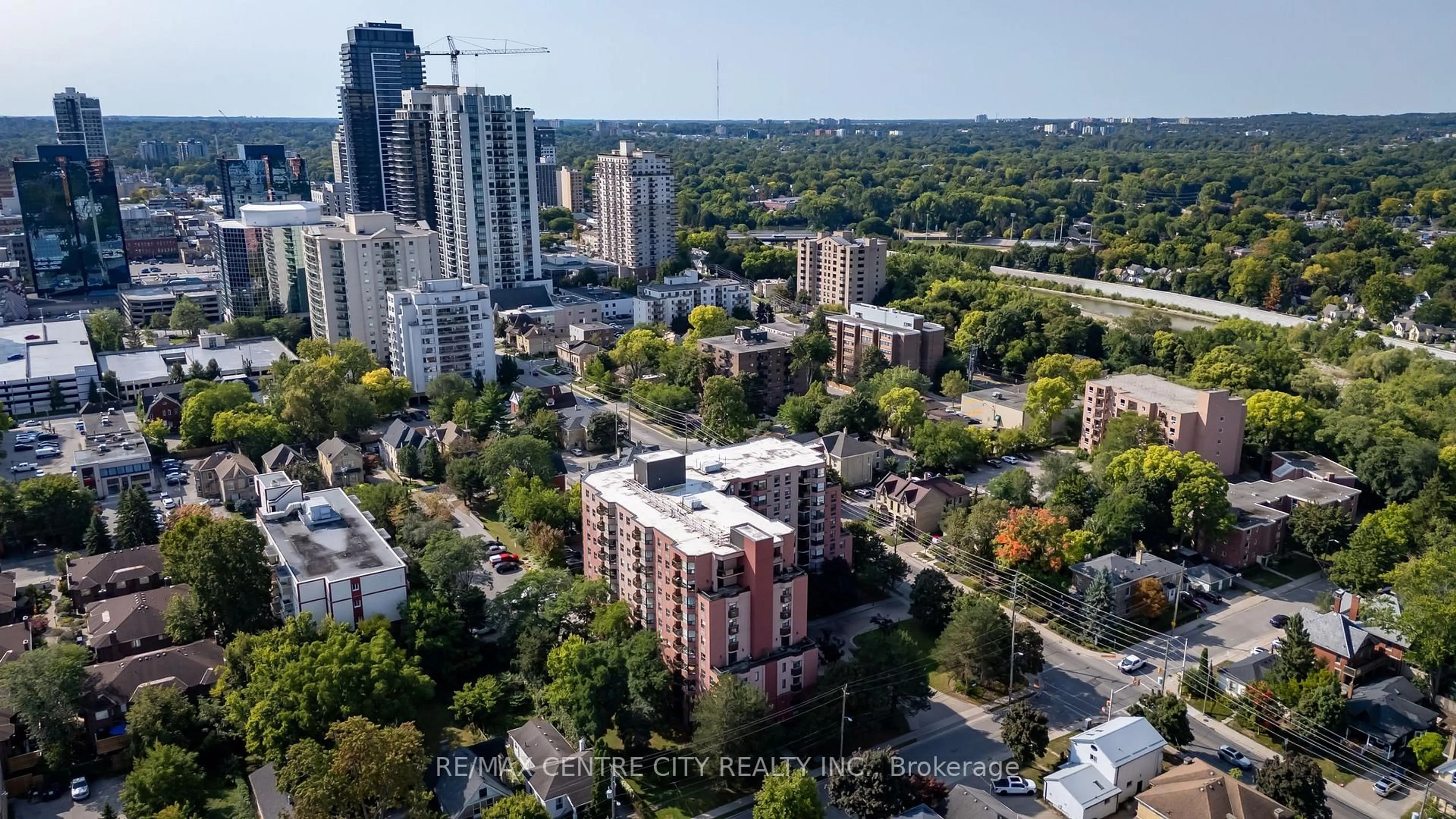 A pic from outside/outdoor area/front of a property/back of a property/a pic from drone, city buildings view from balcony for 600 Talbot St #103, London East Ontario N6A 5L9