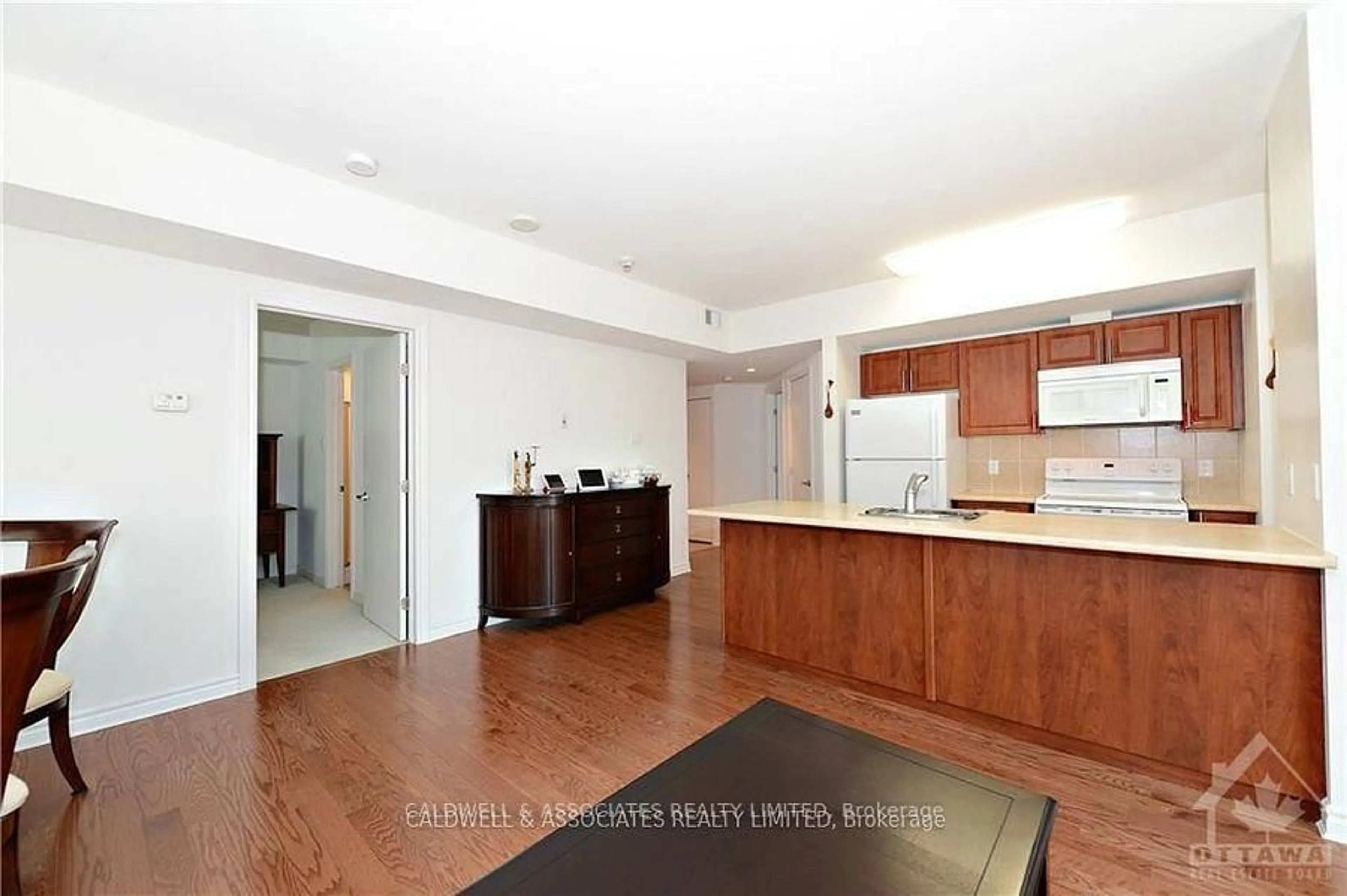 Open concept kitchen, wood/laminate floor for 234 Rideau St #1012, Ottawa Ontario K1N 0A9
